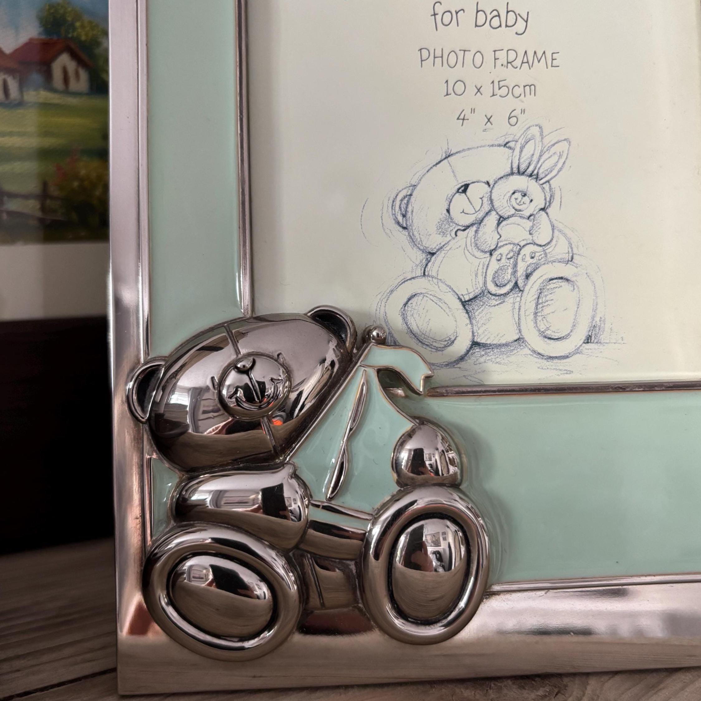 Forever Friends Baby Photo Frame 4x6” 10x15cm Mint Enamel Teddy Keepsake