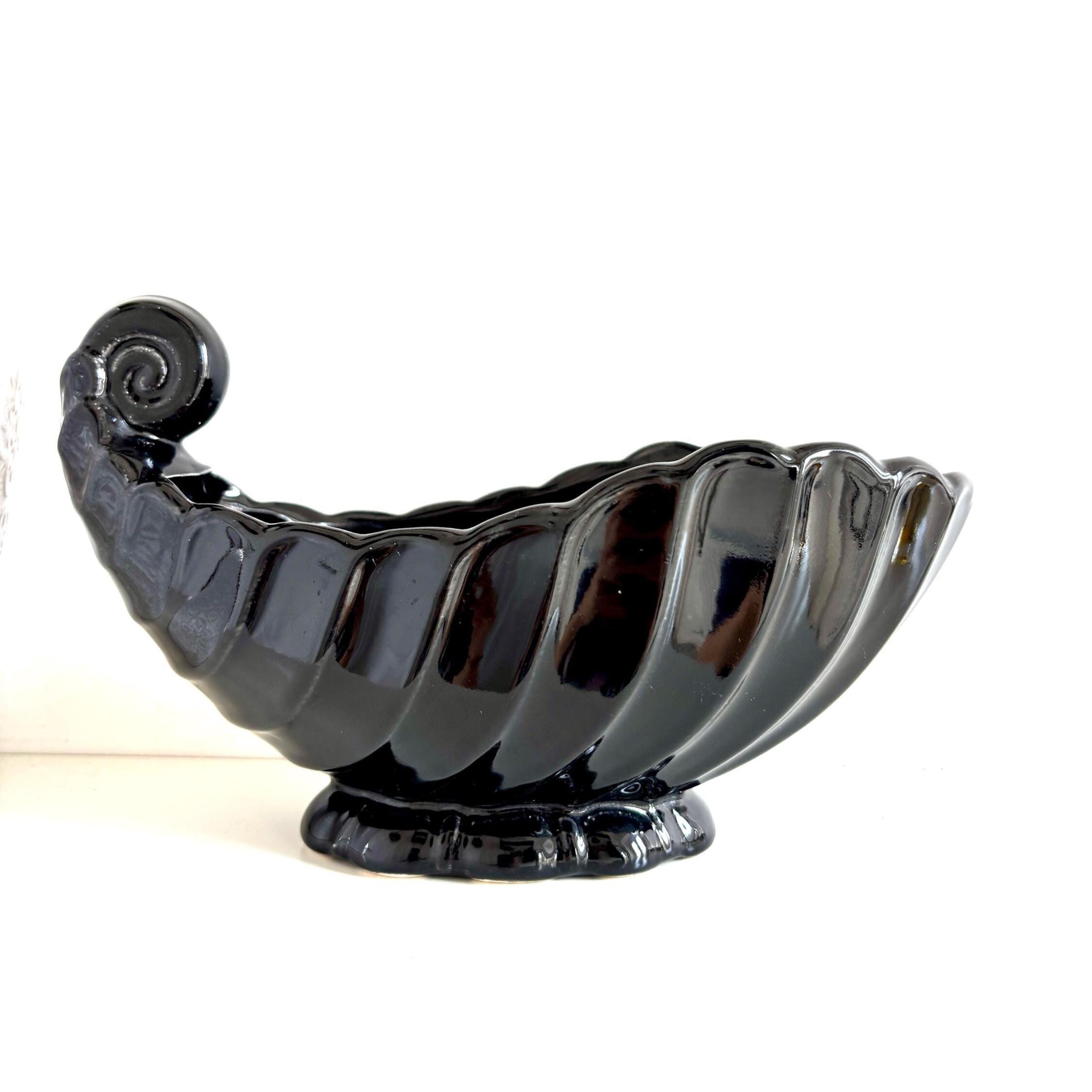 Vintage Black Ceramic Shell Vase: Mid-Century Modern Coastal Decor