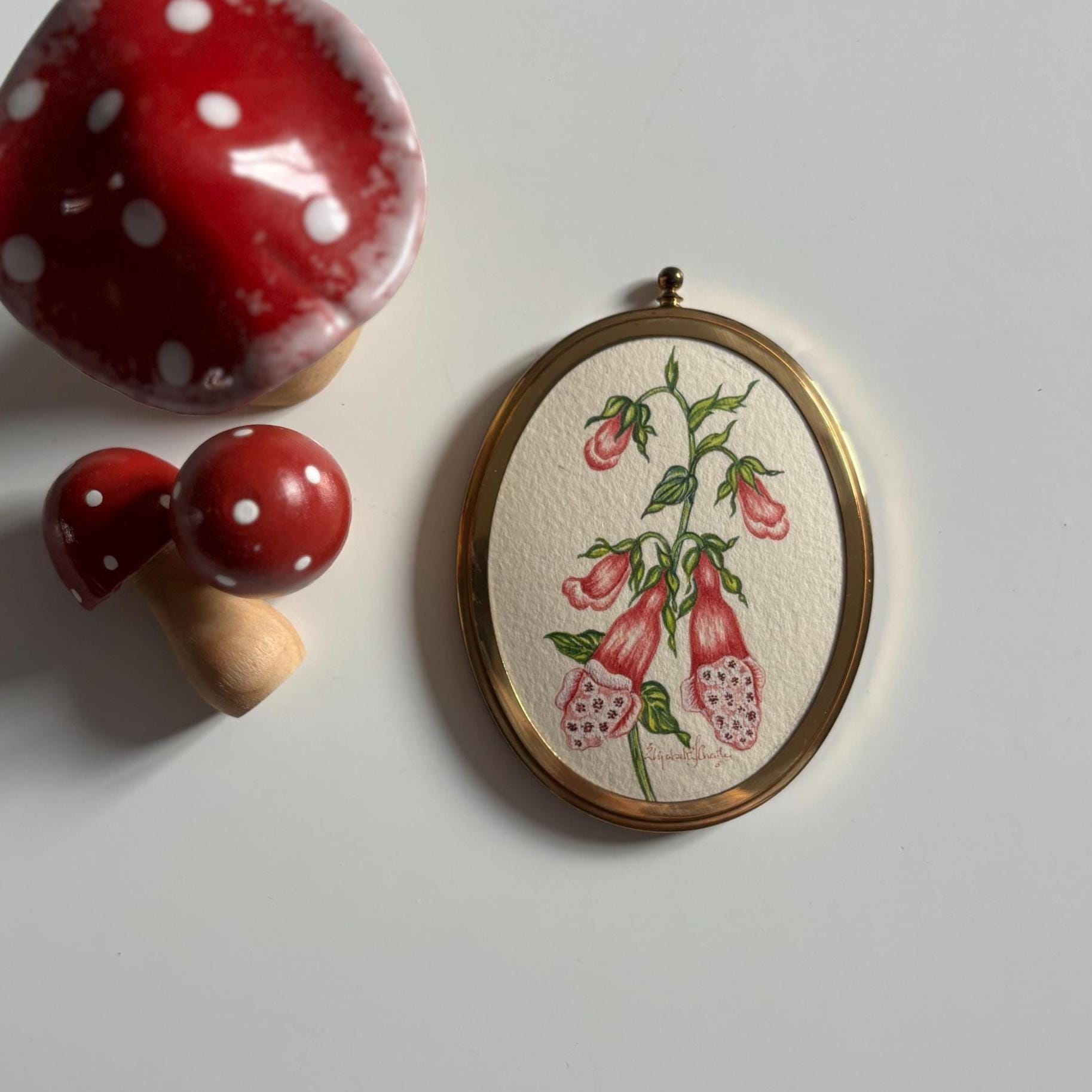 Miniature Foxglove Botanical Watercolour | Signed | Brass Tone Oval Frame