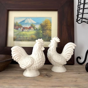 Vintage Cream Rooster Salt and Pepper Shakers | Ceramic Farmhouse Kitchen Pair