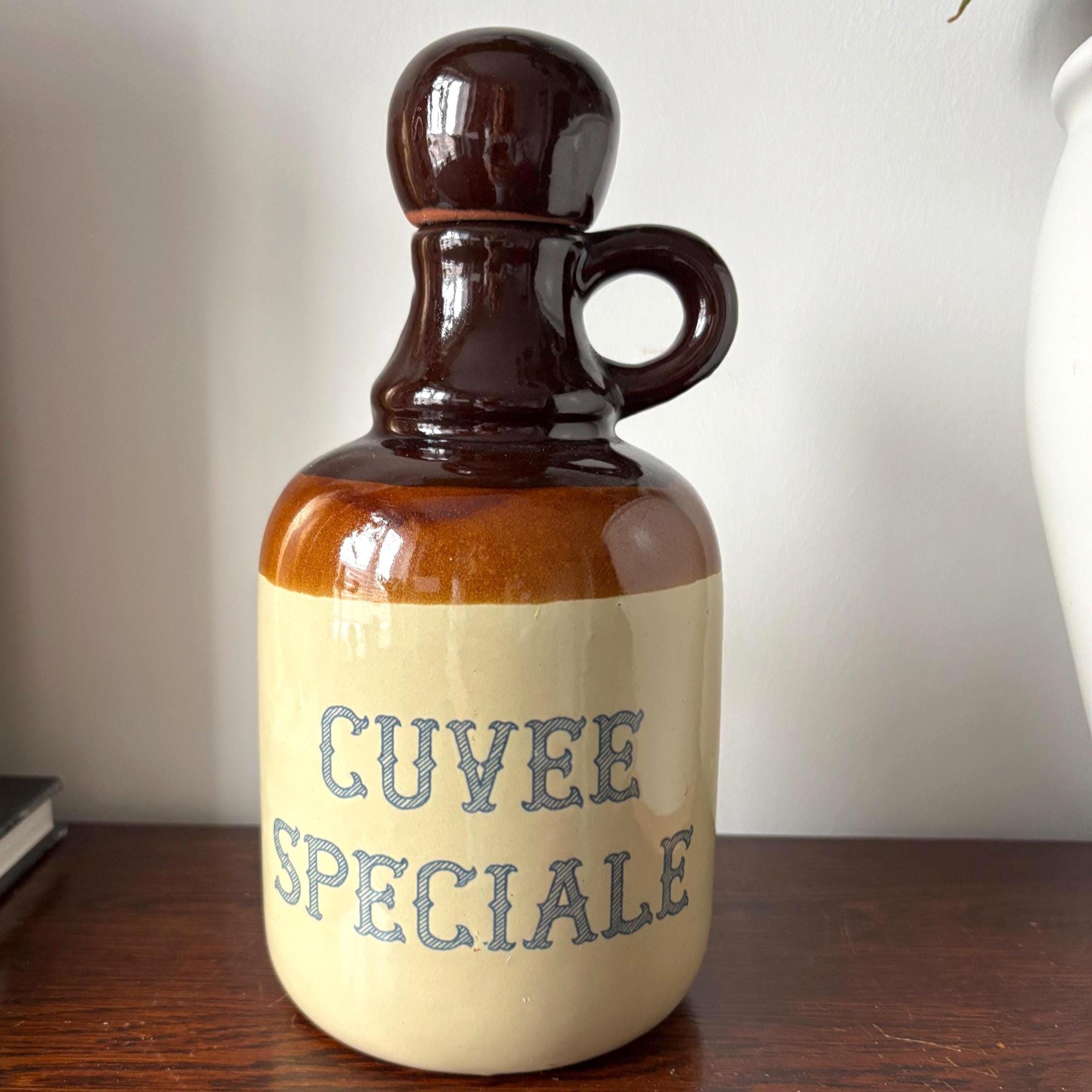 Vintage French Stoneware “Cuvée Spéciale” Bottle Decanter with Cork Stopper, Two-Tone Glaze