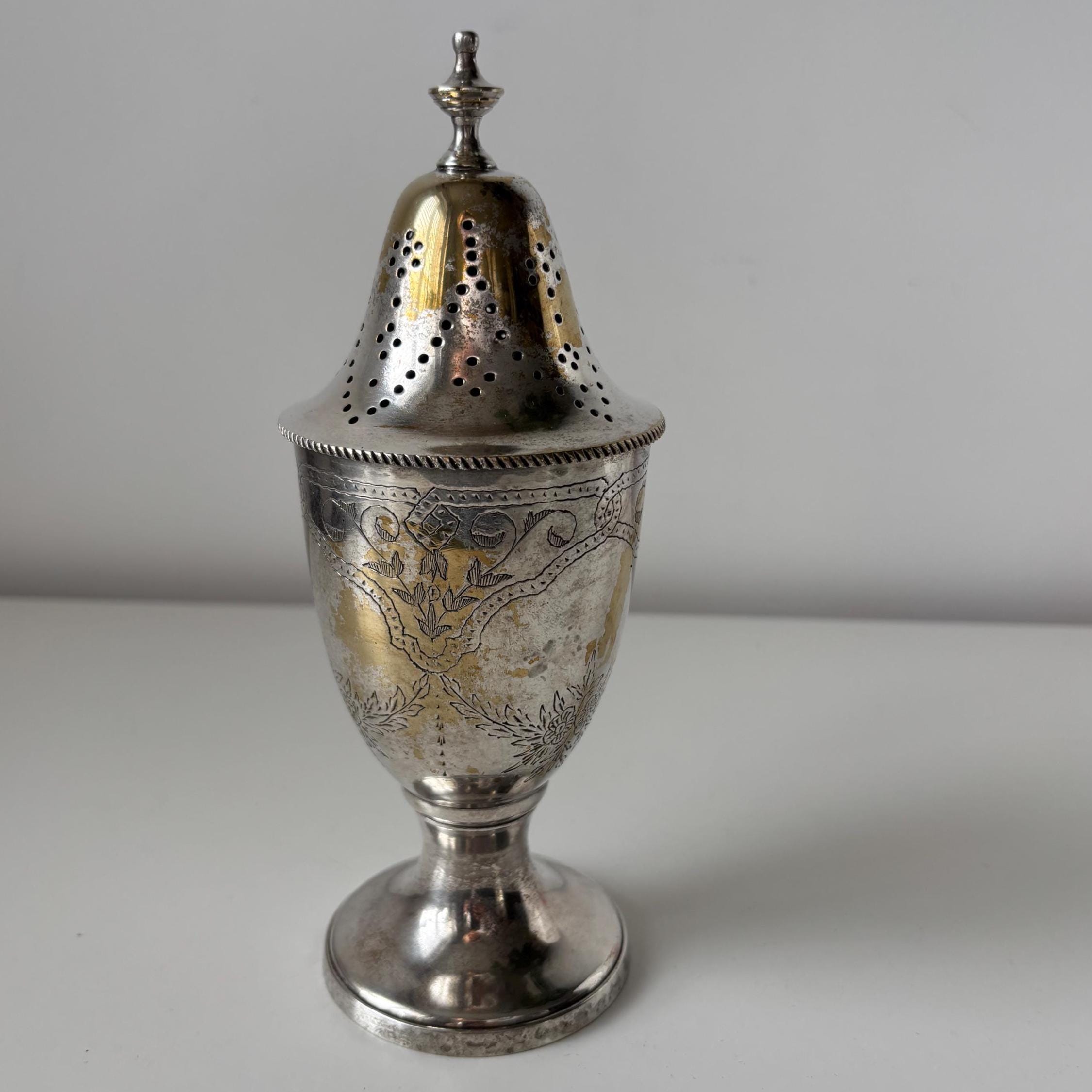 Vintage EPNS Sugar Caster, Silver Plated Muffineer, Pierced Lid Tableware