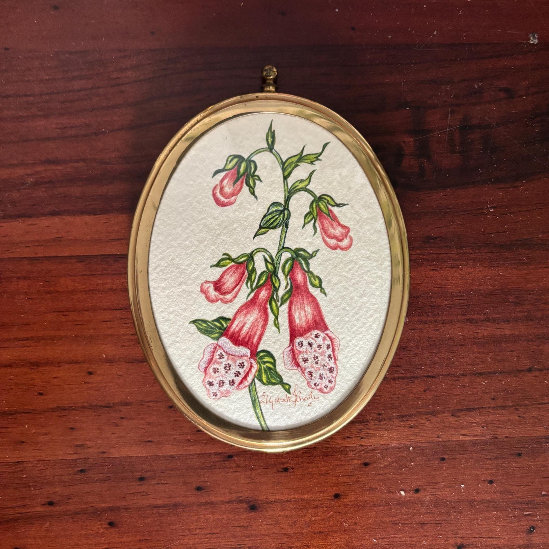 Miniature Foxglove Botanical Watercolour | Signed | Brass Tone Oval Frame