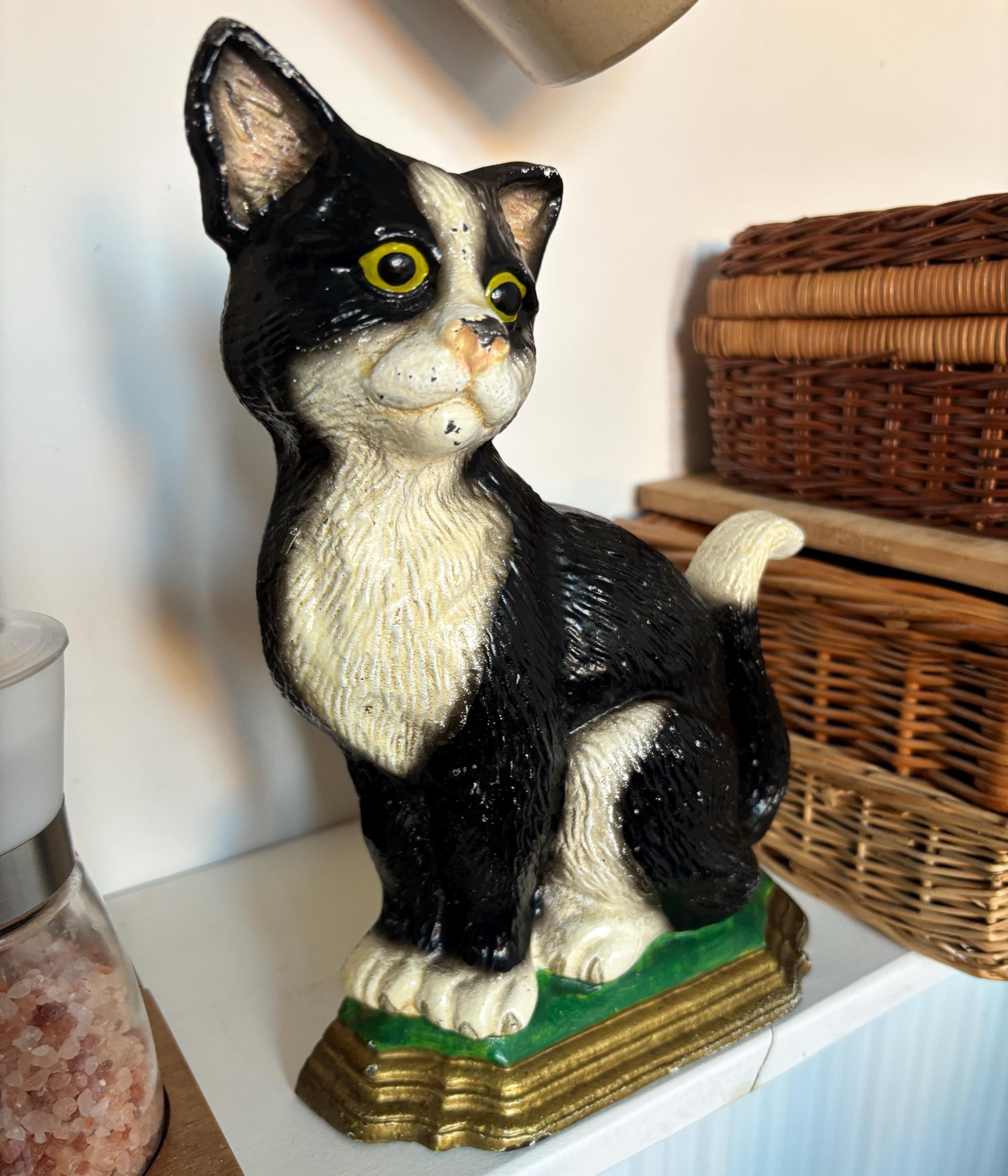 Cast Iron Tuxedo Cat Doorstop Black White Heavy Vintage Farmhouse Animal Decor Ornament