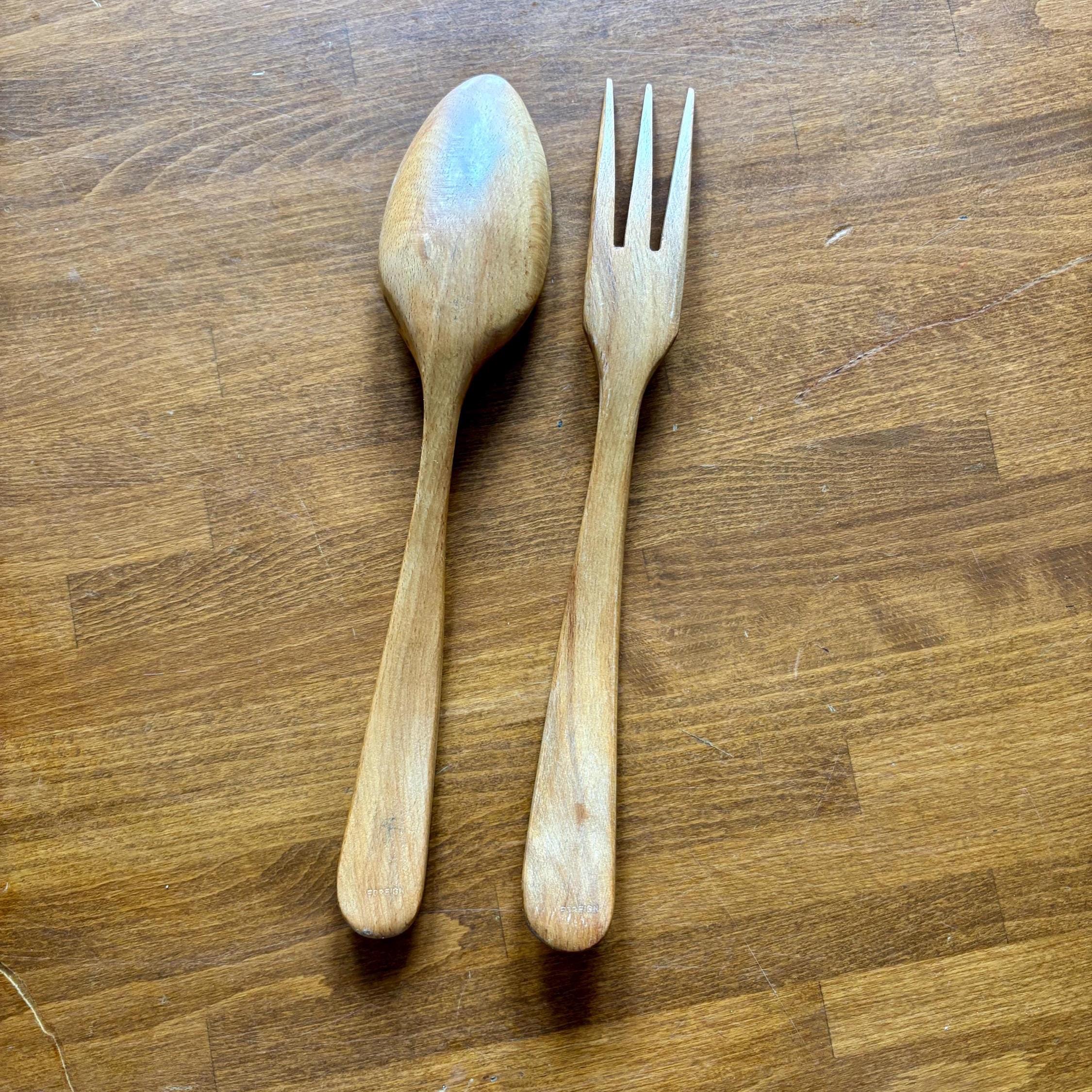 Vintage Wooden Salad Server Set Hand Painted Spoon Fork Kitchen Serving Utensils Pair Decor