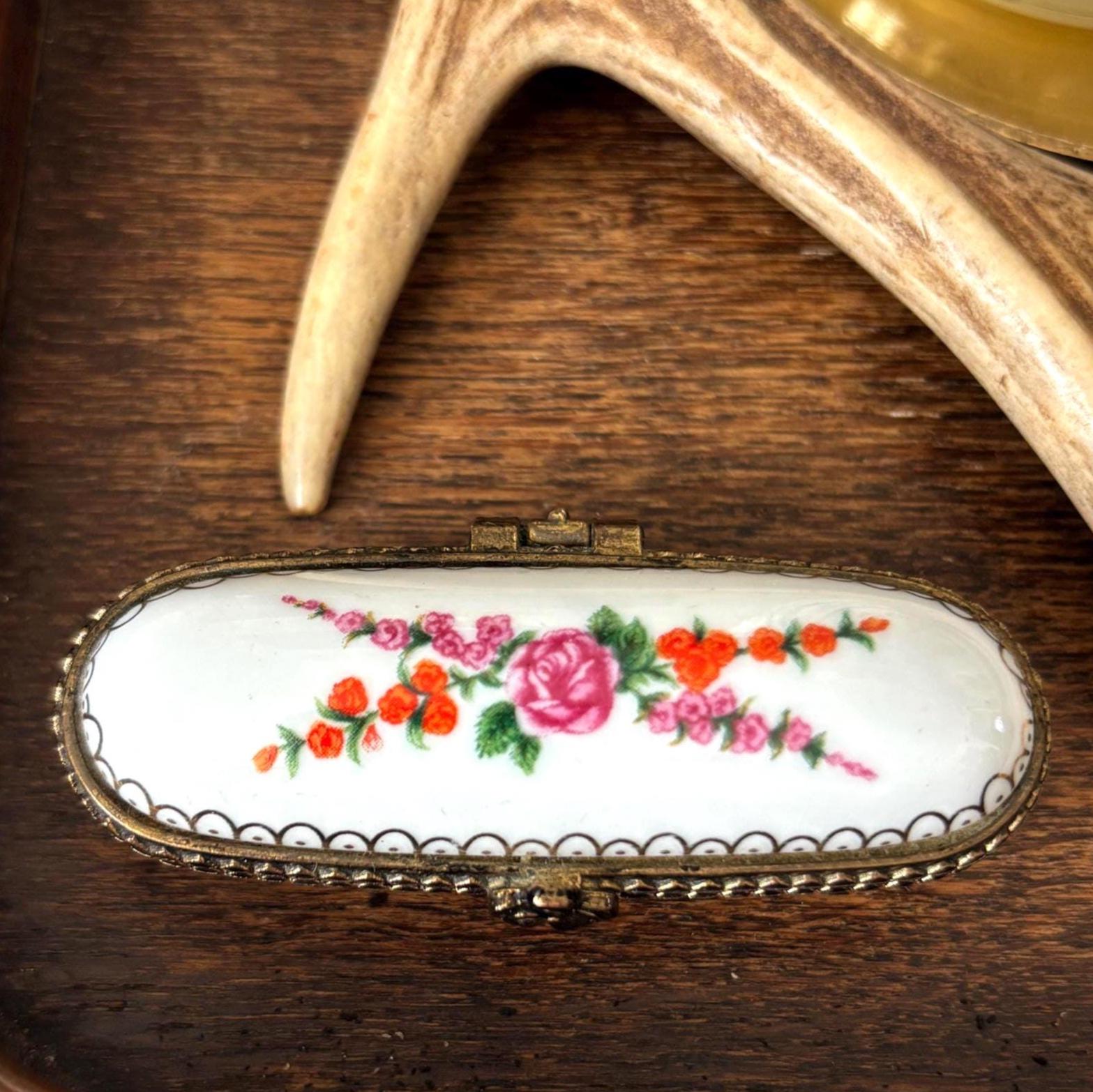 Vintage Del Prado Porcelain Floral Trinket Box Limoges Style Pill Box Keepsake Gift Collectible