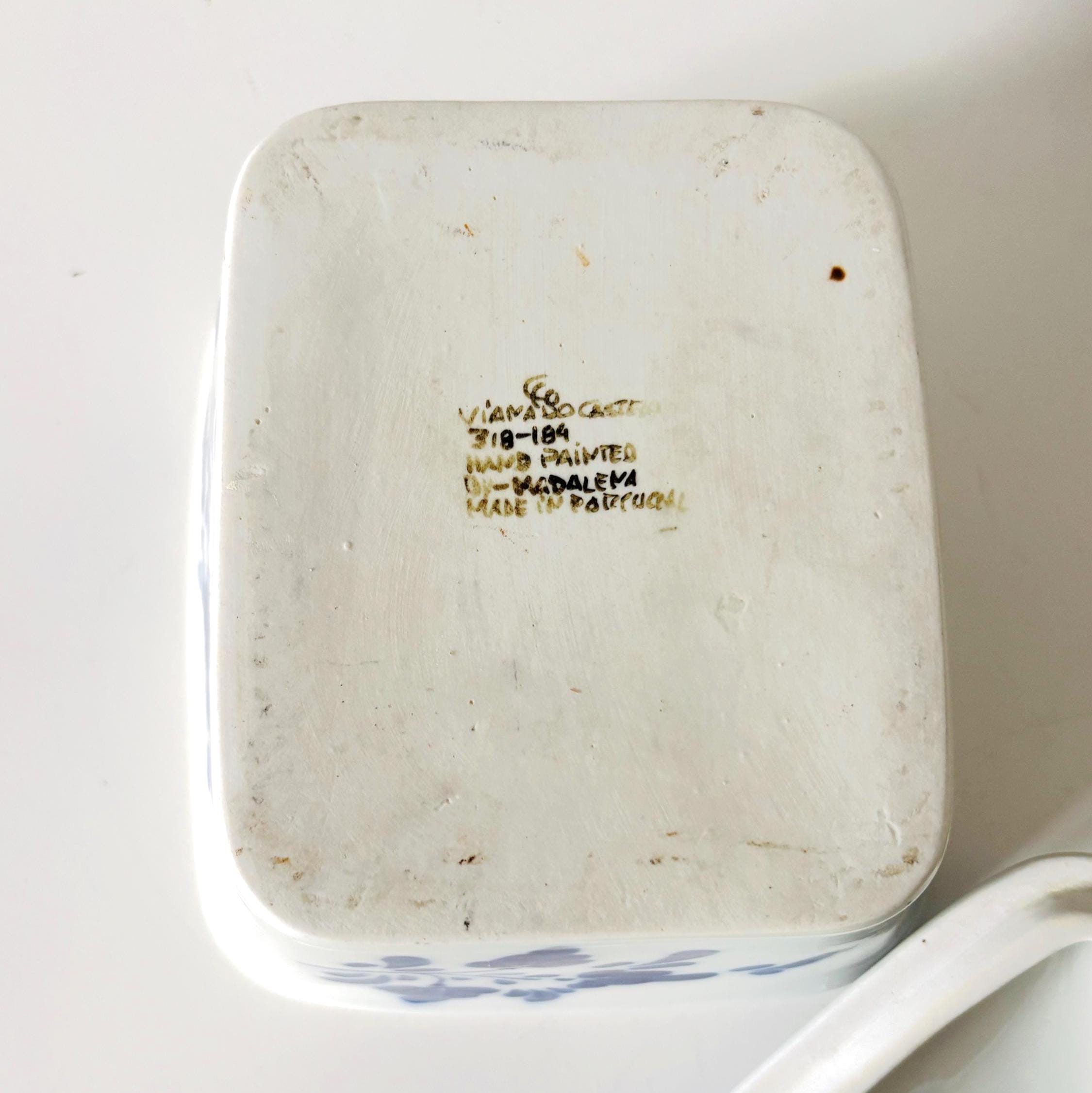 Vintage Portuguese Viana do Castelo Hand Painted Blue & White Lidded Ceramic Dish