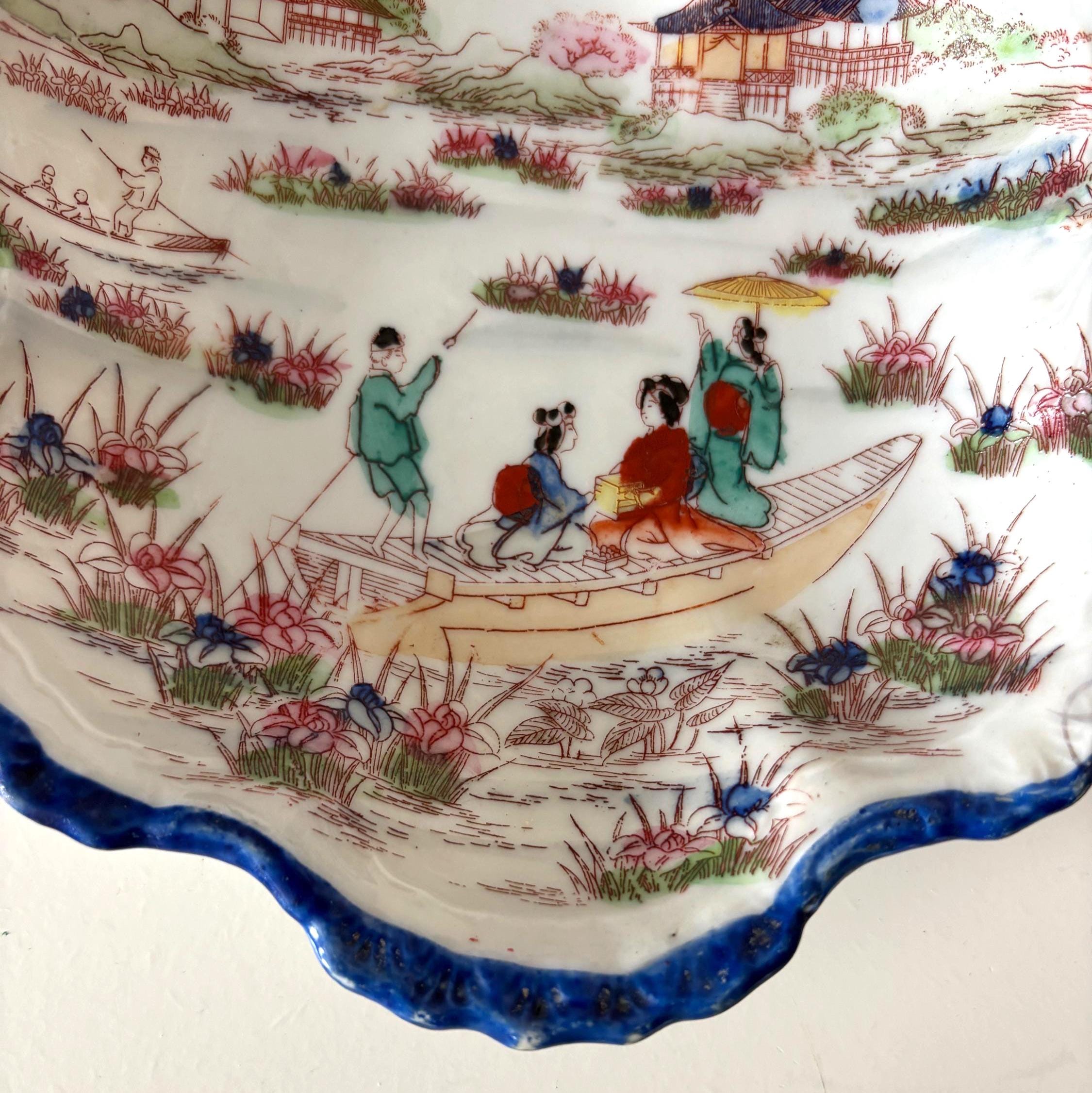Vintage Japan Porcelain Dish Scenic Geisha Boat Mount Fuji Bowl