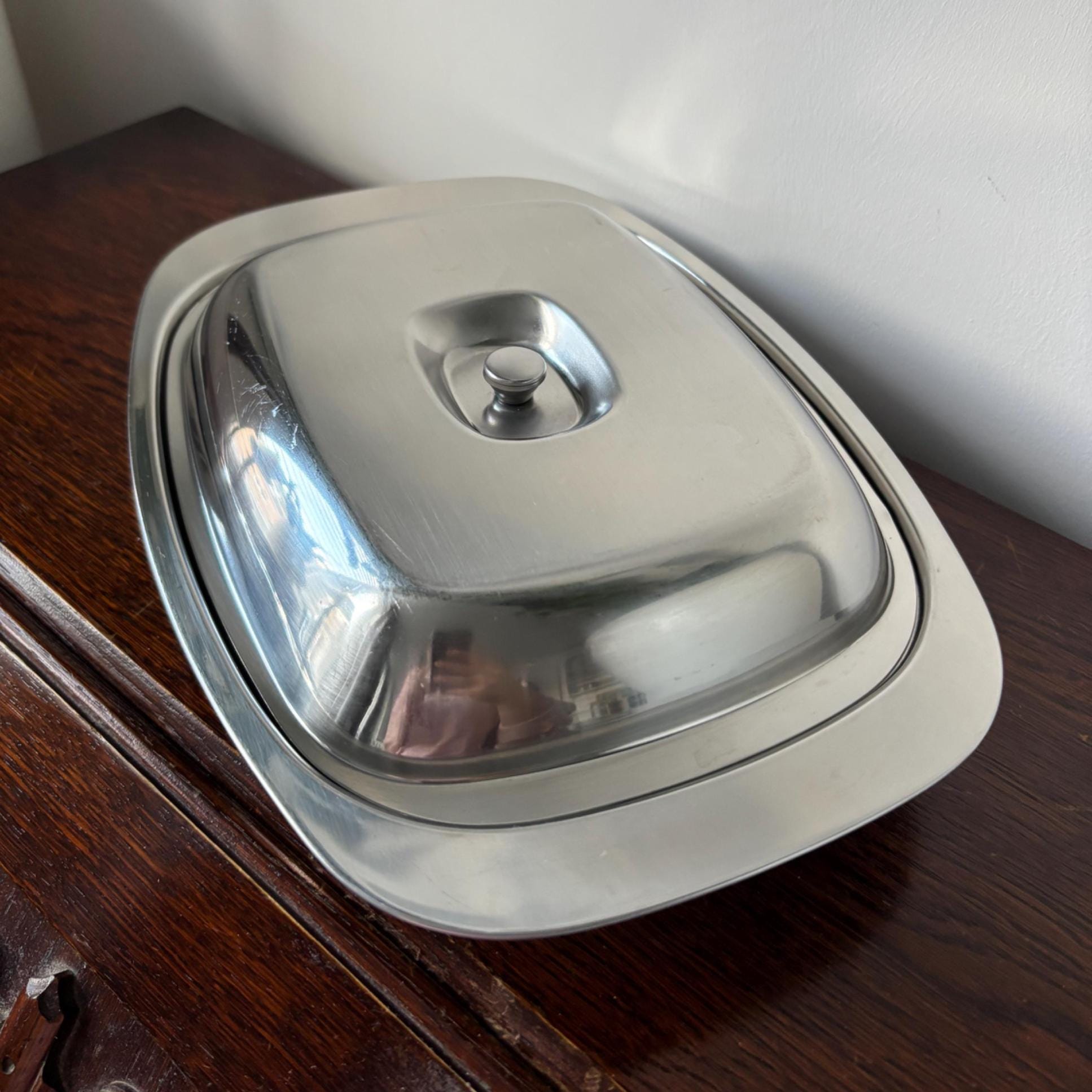Vintage Stainless Steel Lidded Divided Serving Dish, Hong Kong, 2 Compartment Buffet Server