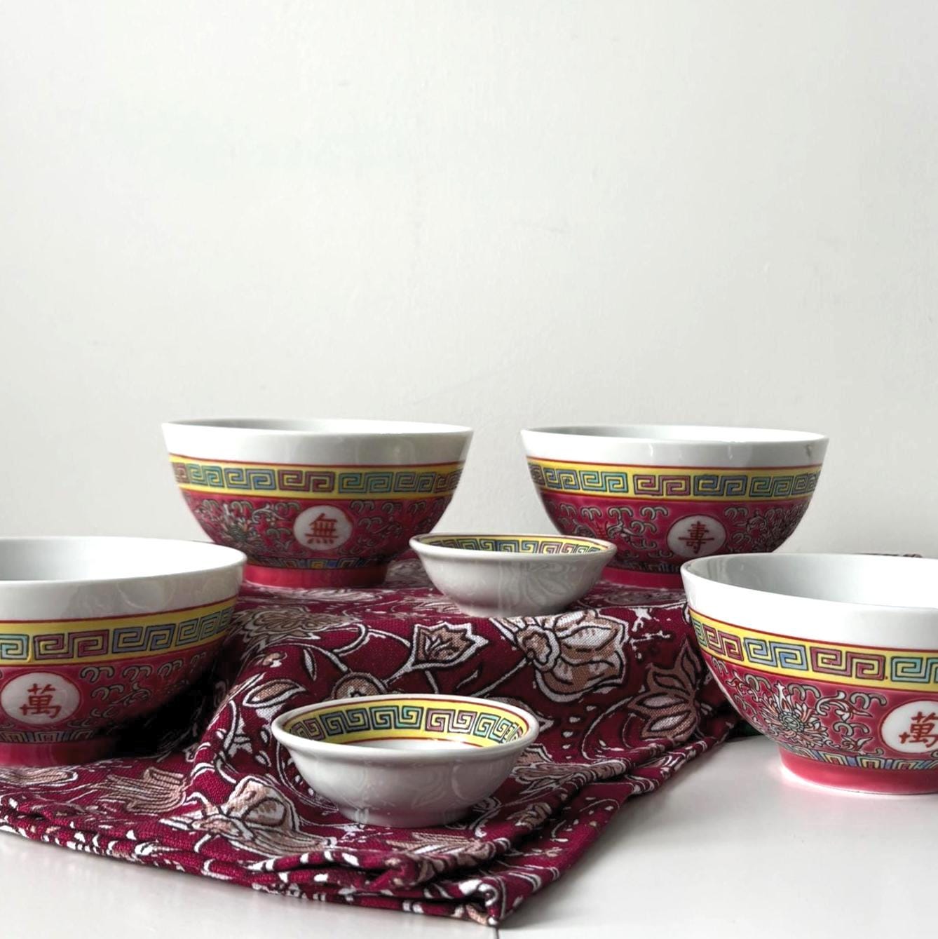 Vintage Jingdezhen Longevity Rice Bowl Set Chinese Restaurant Ware