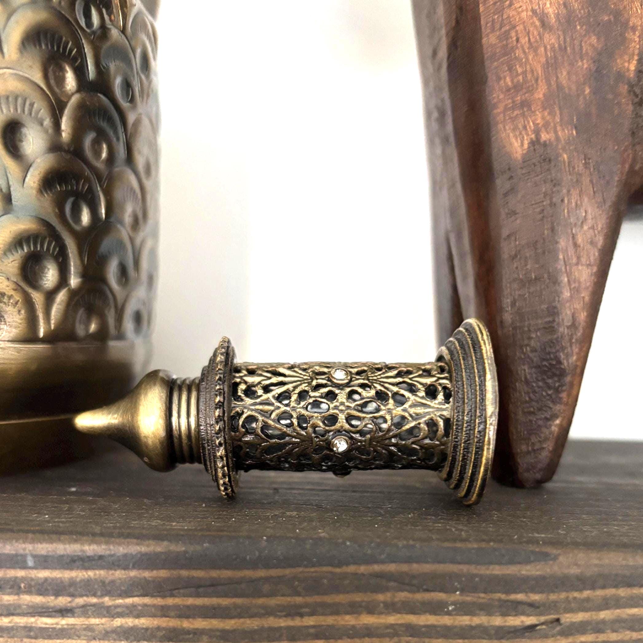 Indian Mini Attar Perfume Bottle Filigree Brass Tone Dabber Wand Rhinestones