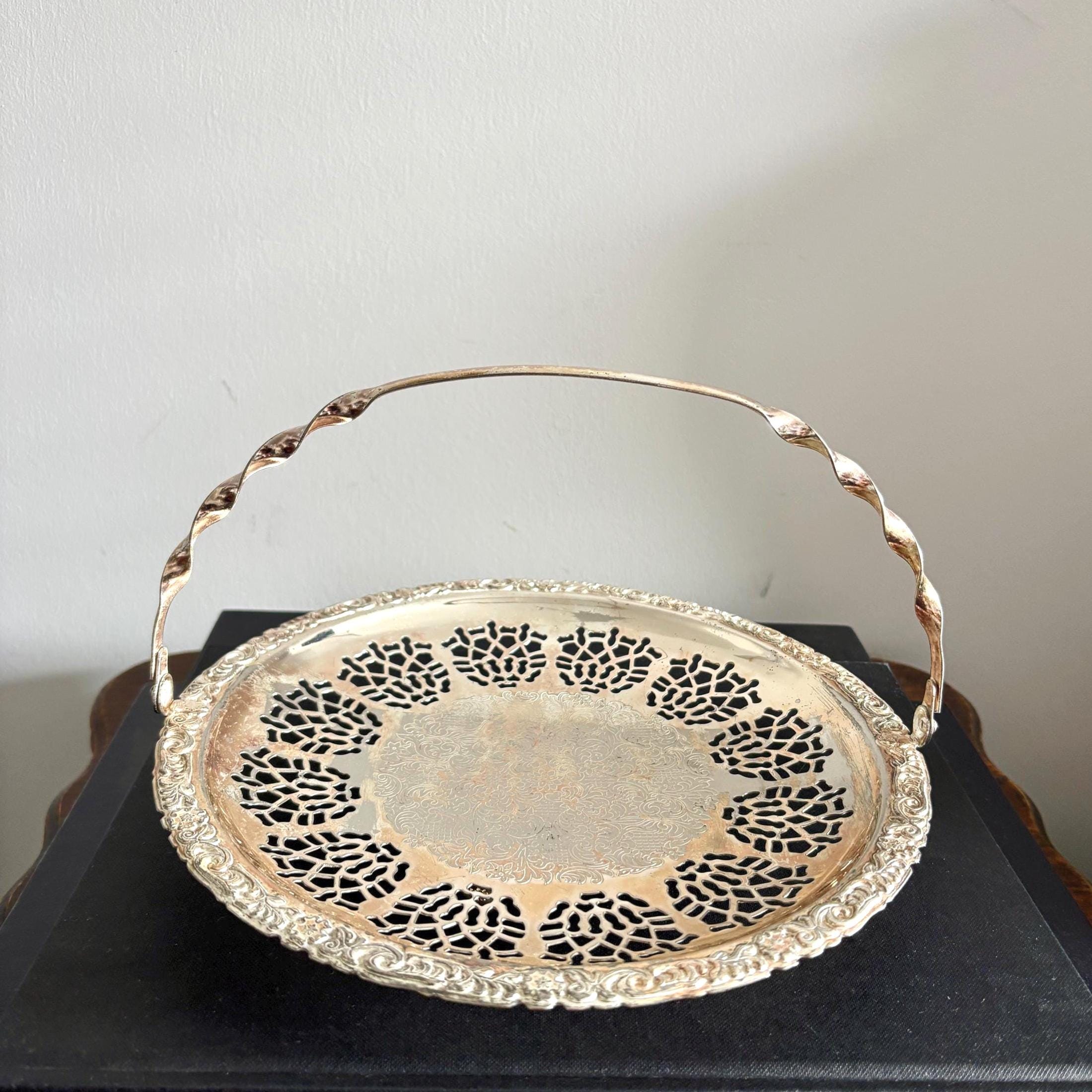 Vintage Silver Plated Pierced Basket Tray with Swing Handle