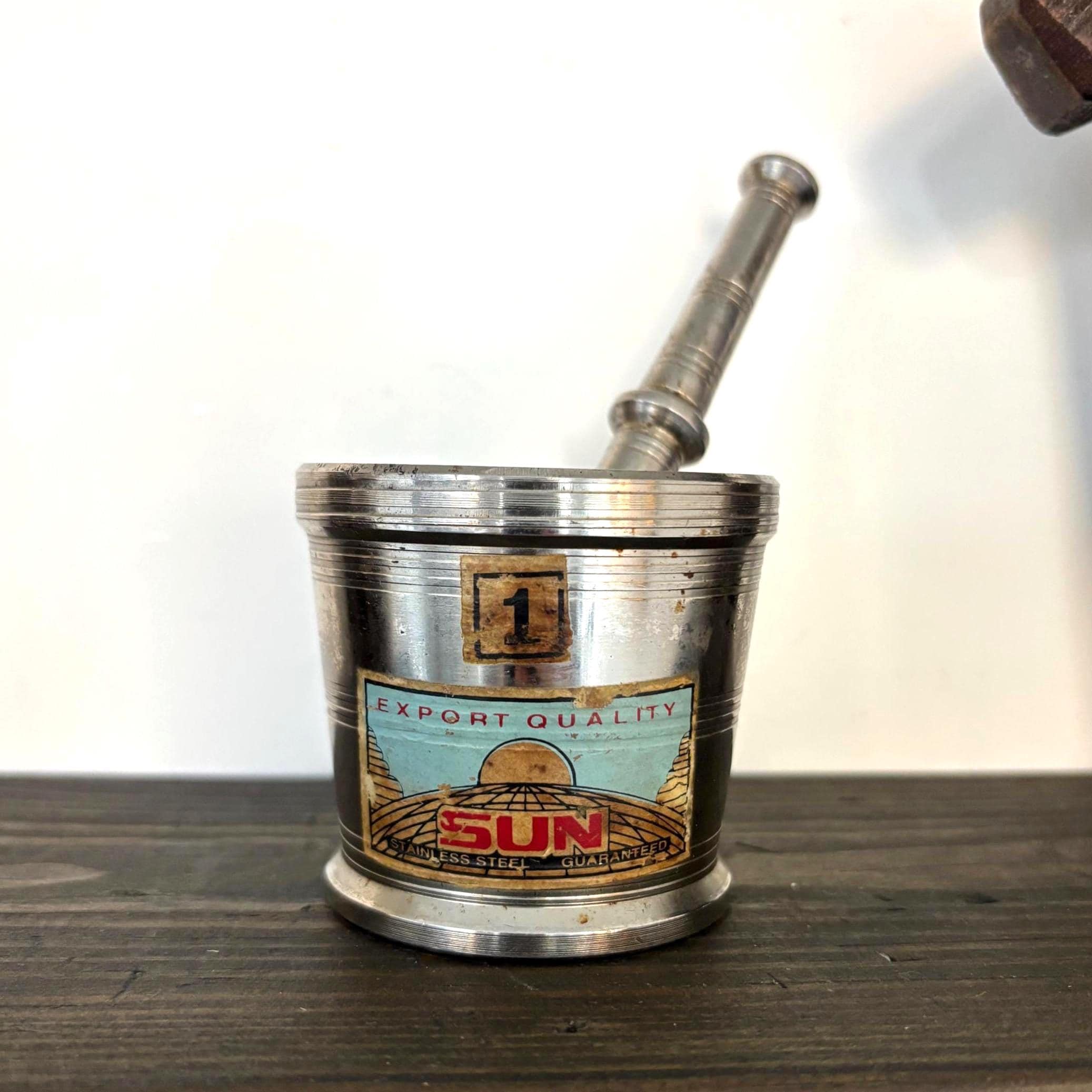 Vintage “SUN” Stainless Steel Mortar and Pestle | Mini Spice Grinder with Original Export Label