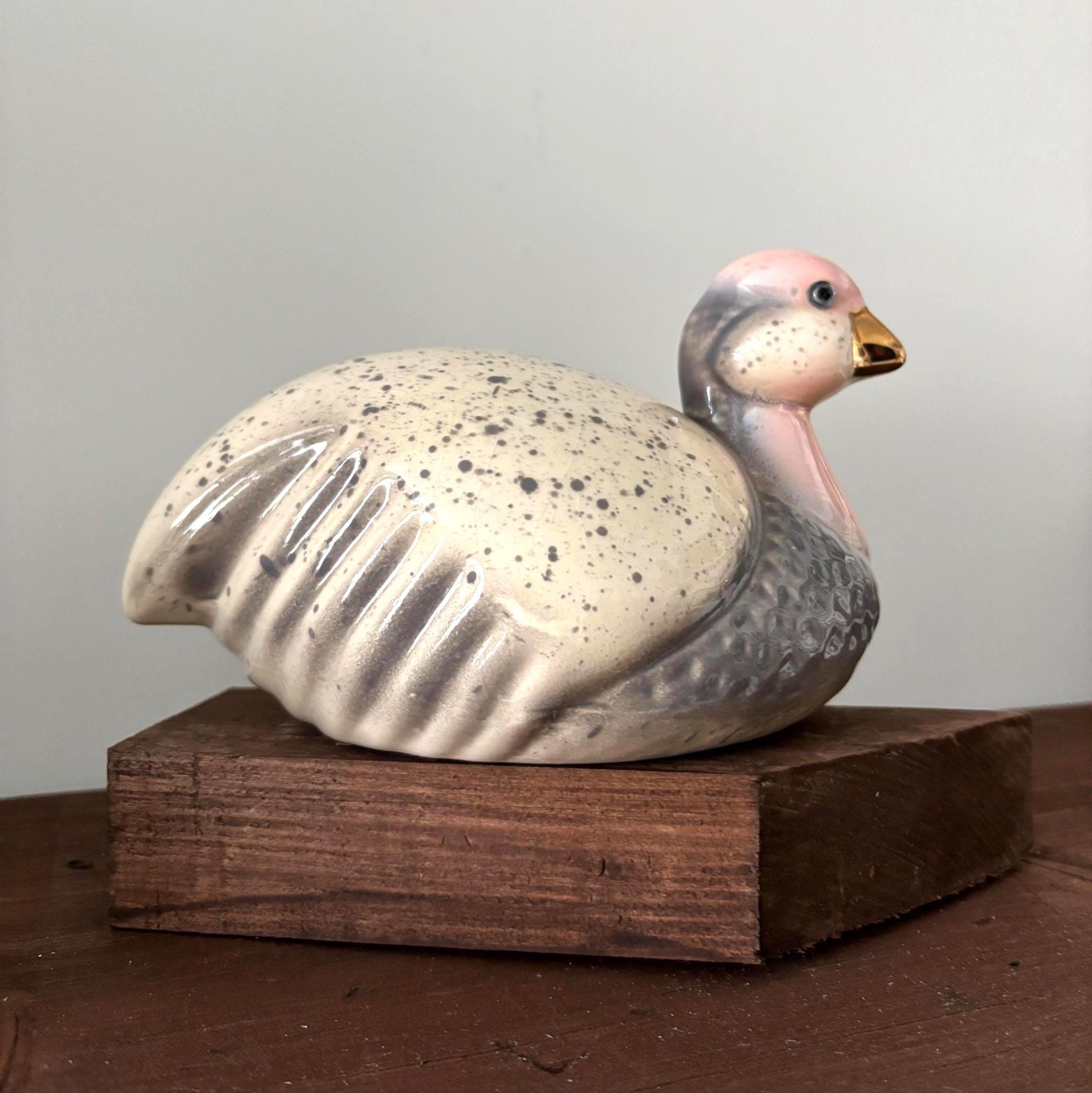 Vintage Ceramic Duck Figurine Glass Eyes Pink Grey Speckled Bird Ornament Large