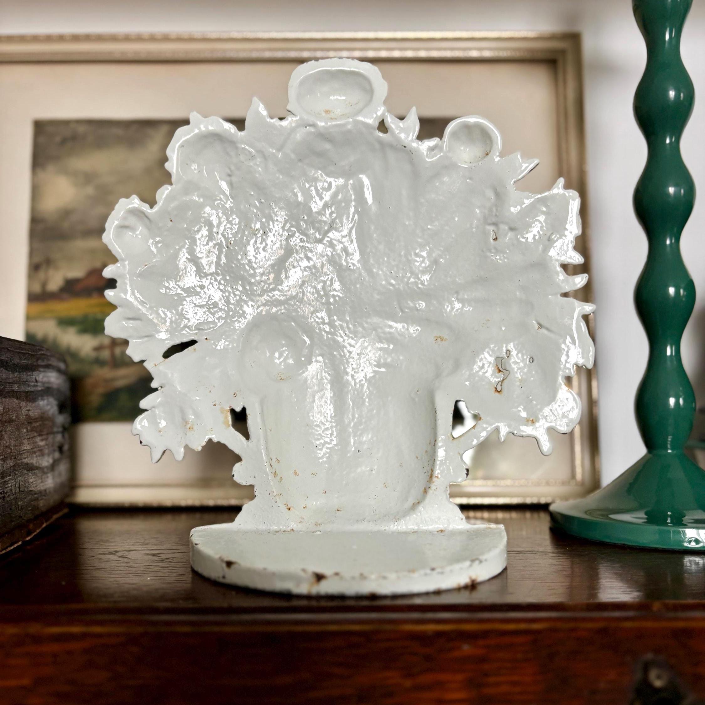 Vintage Cast Iron Flower Basket Doorstop Distressed White Shabby Chic Cottage Farmhouse Decor