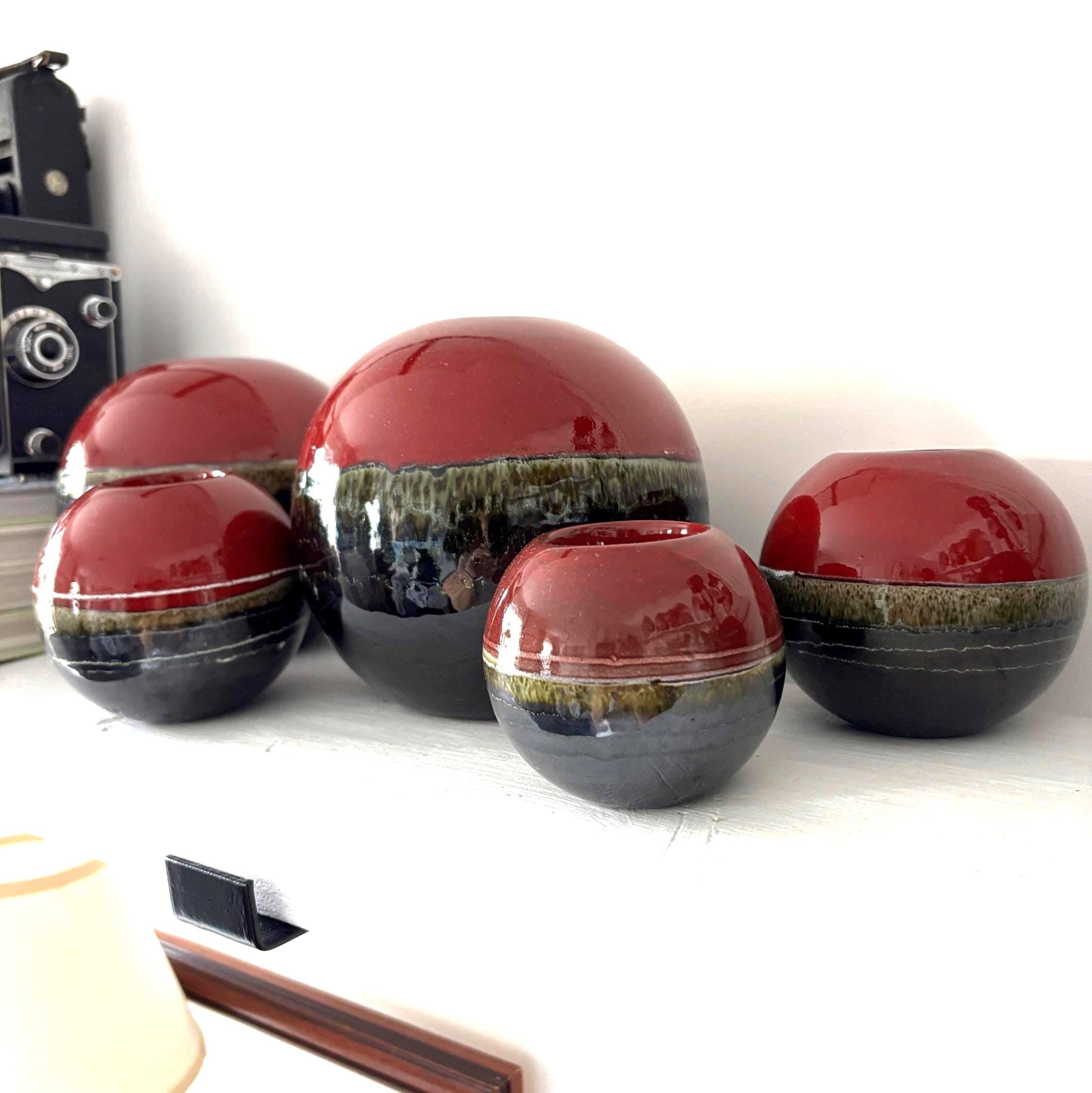 Vintage Portuguese Ceramic Candle Burners Set of 5 Red Black Glazed Tea-light Holders