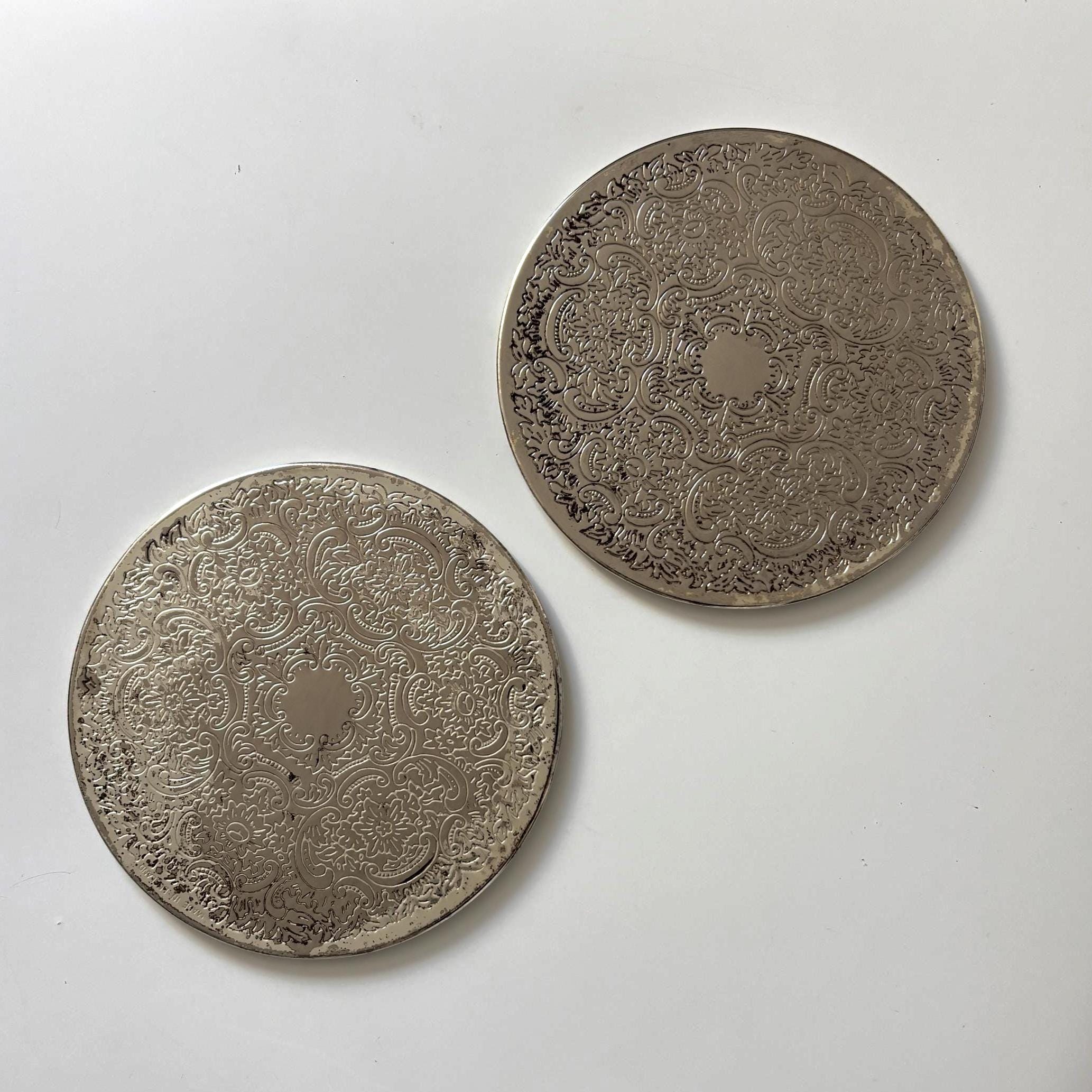 Vintage Silver Plated Decanter Slides | Chased Rococo Barware Coasters