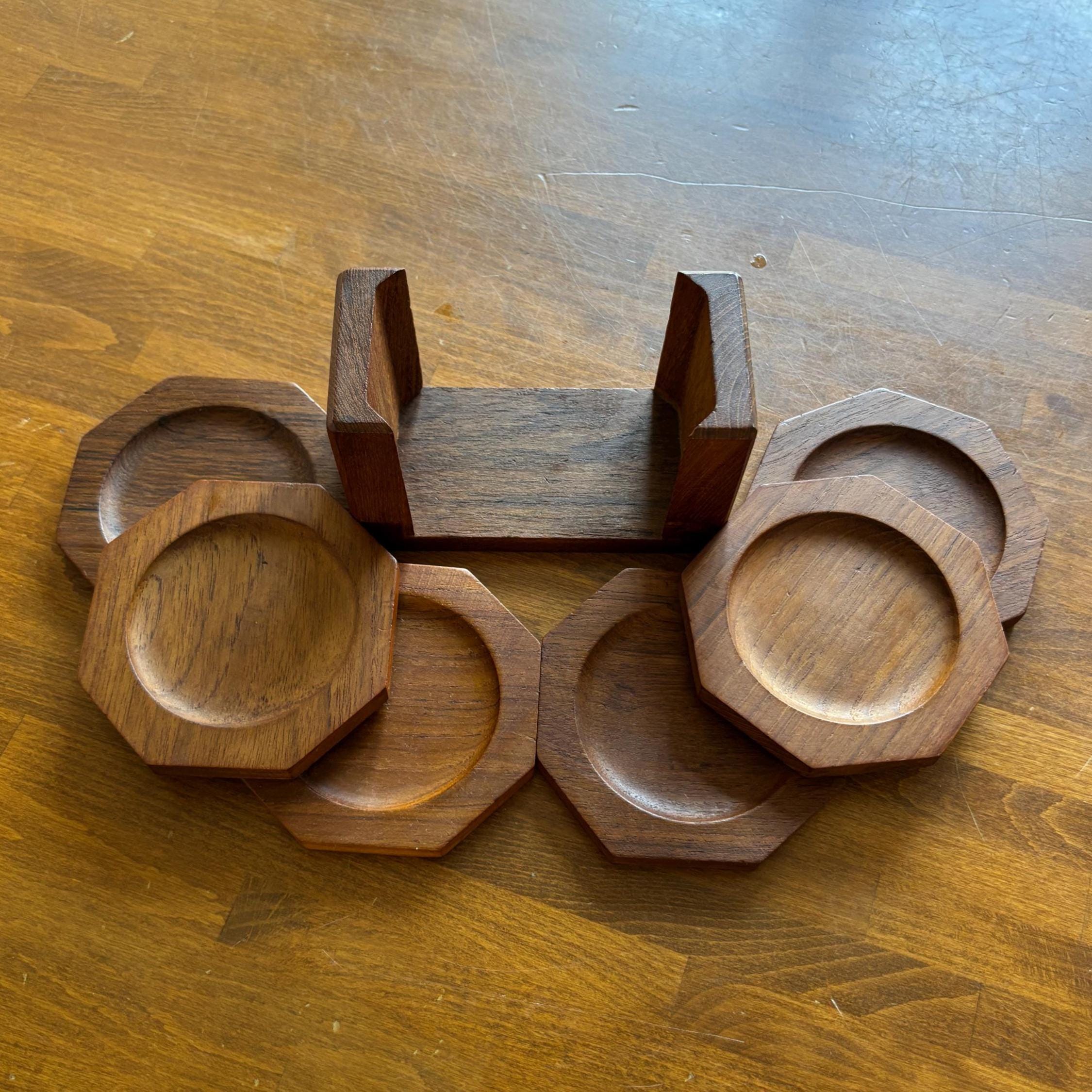 Vintage Teak Coaster Set – Danish Mid Century Modern Wooden Barware (Set of 6)
