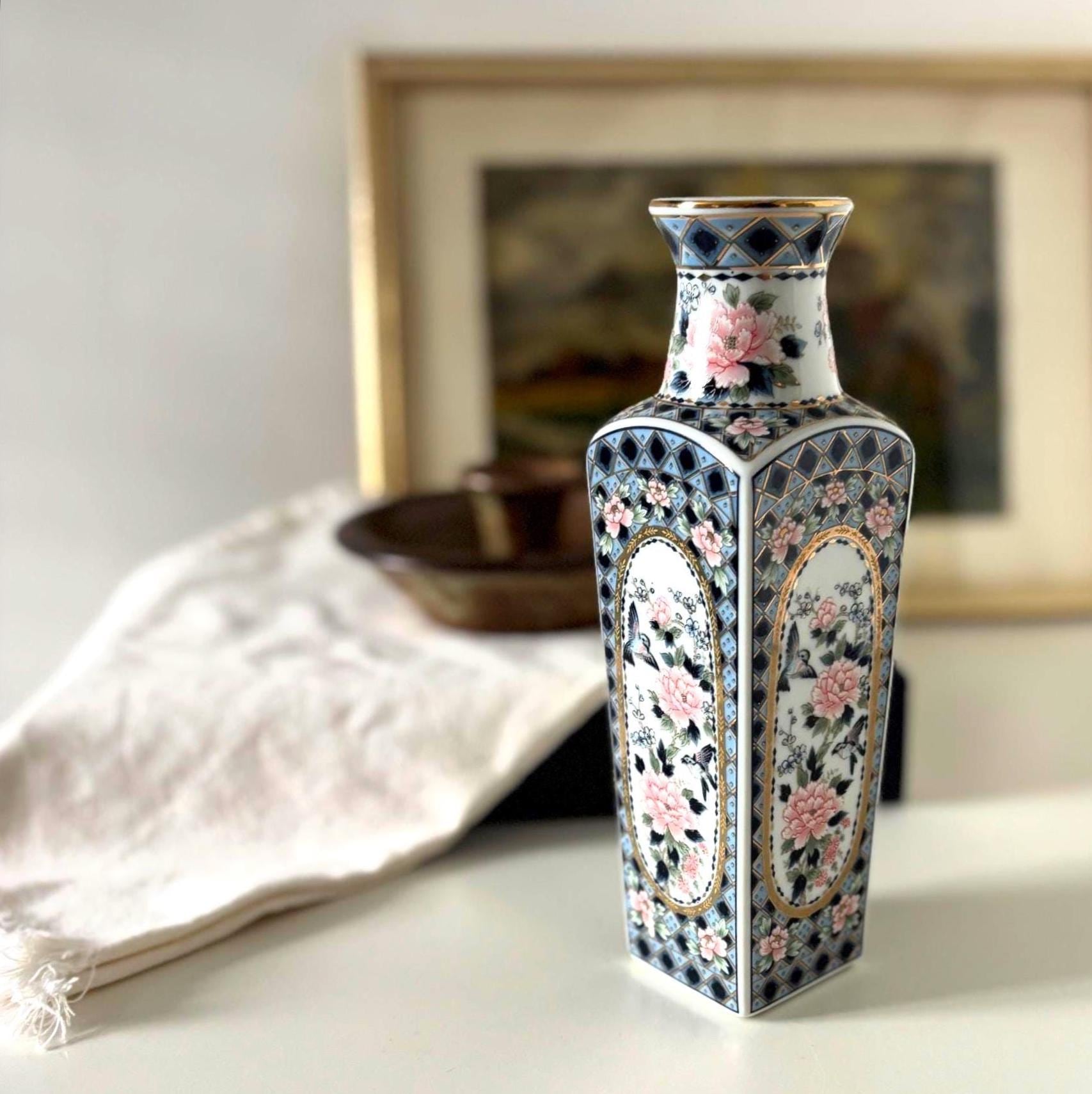 Vintage Asian Style Porcelain Vase Floral Hexagon Decorative Small Bud Vase