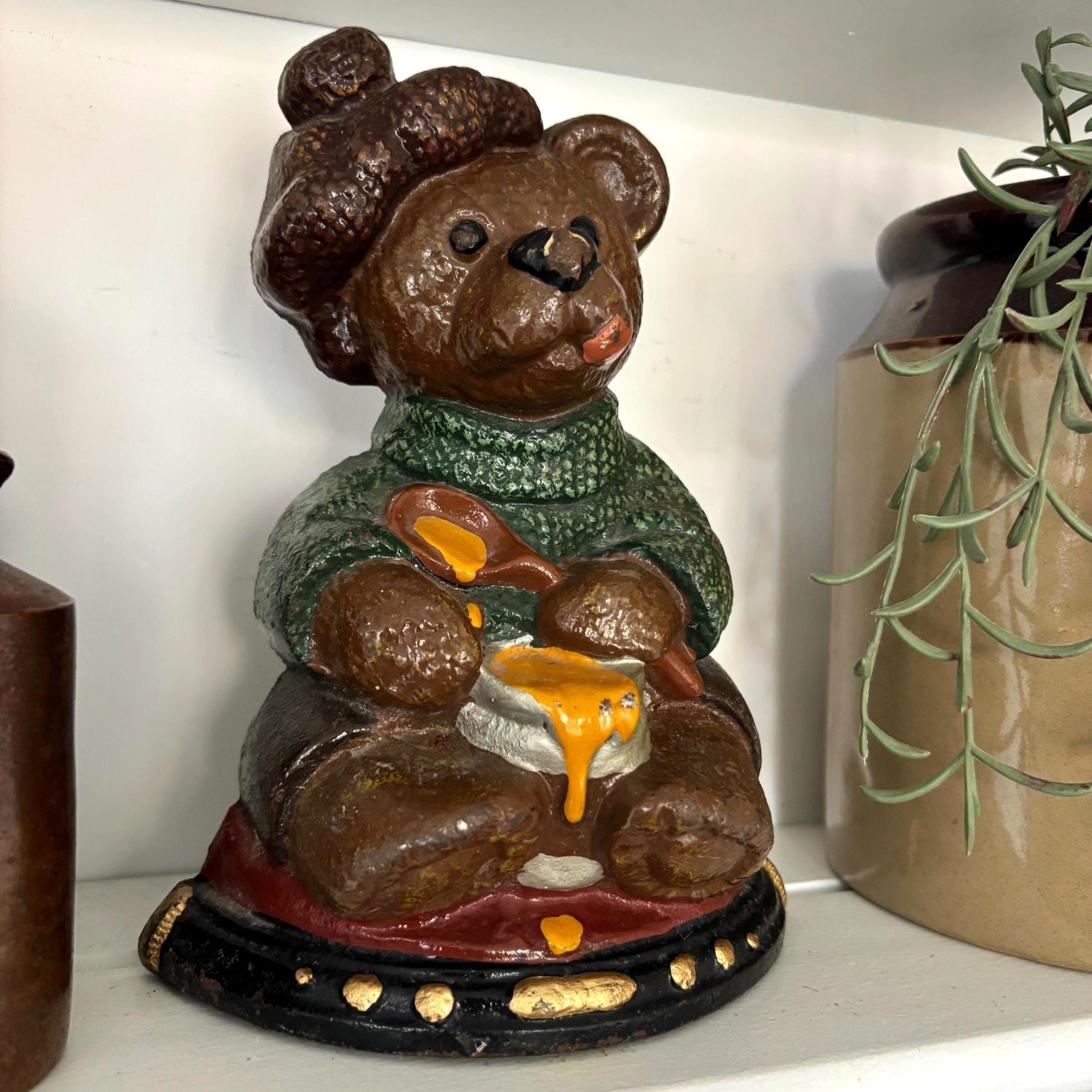 Vintage Cast Iron Teddy Bear Doorstop Honey Pot Rustic Cottage Farmhouse Decor Heavy