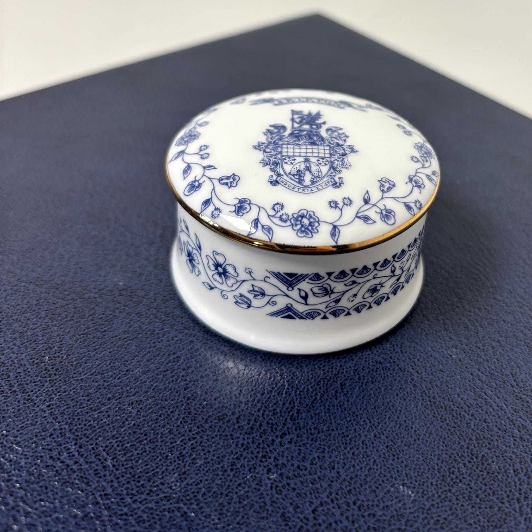 Vintage Skipton Bone China Trinket Box English Lidded Pot Blue White Floral Collectable