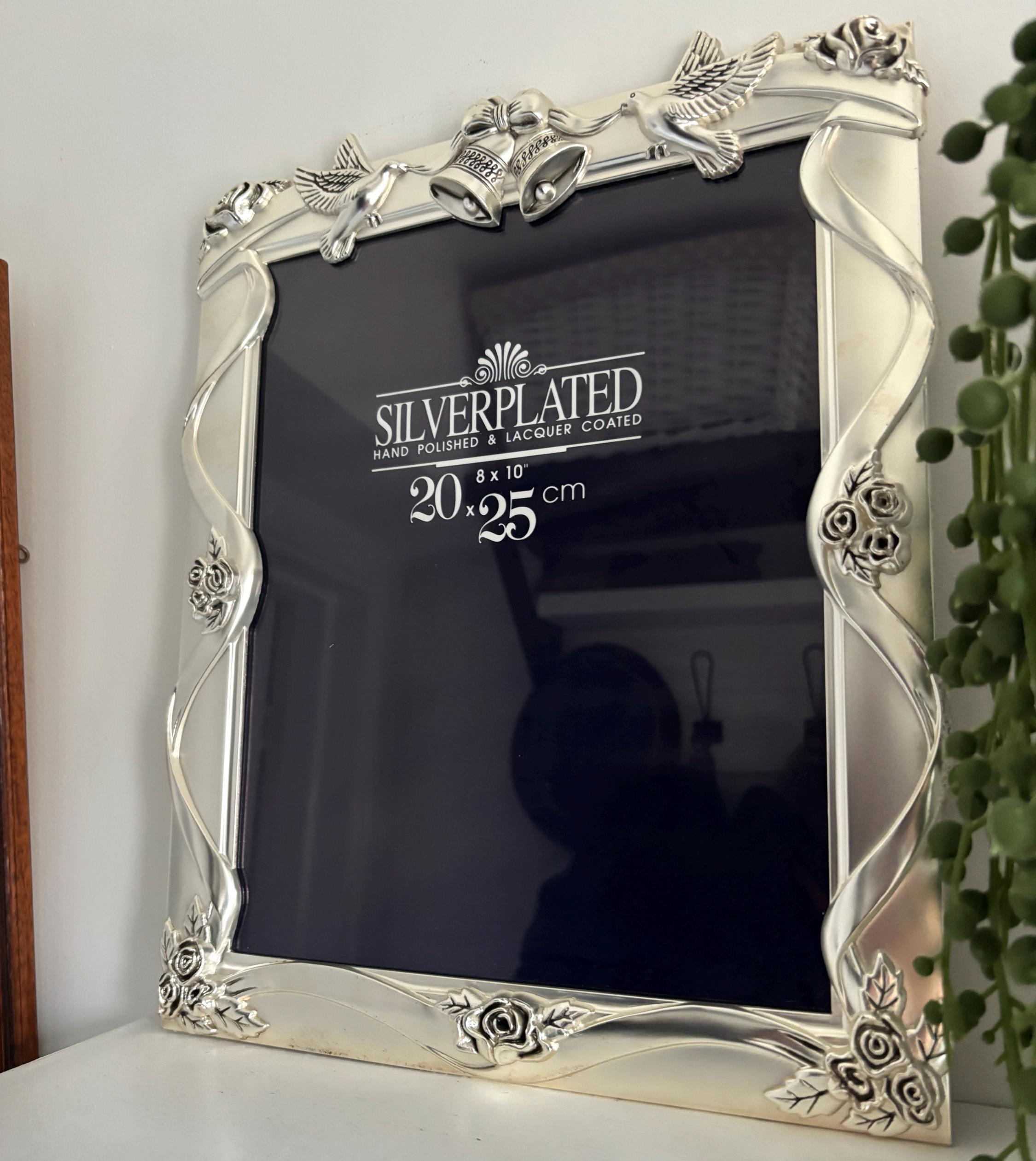 Silver-Plated Wedding Photo Frame 8×10" | Doves, Bells & Roses | Lacquered Anti-Tarnish