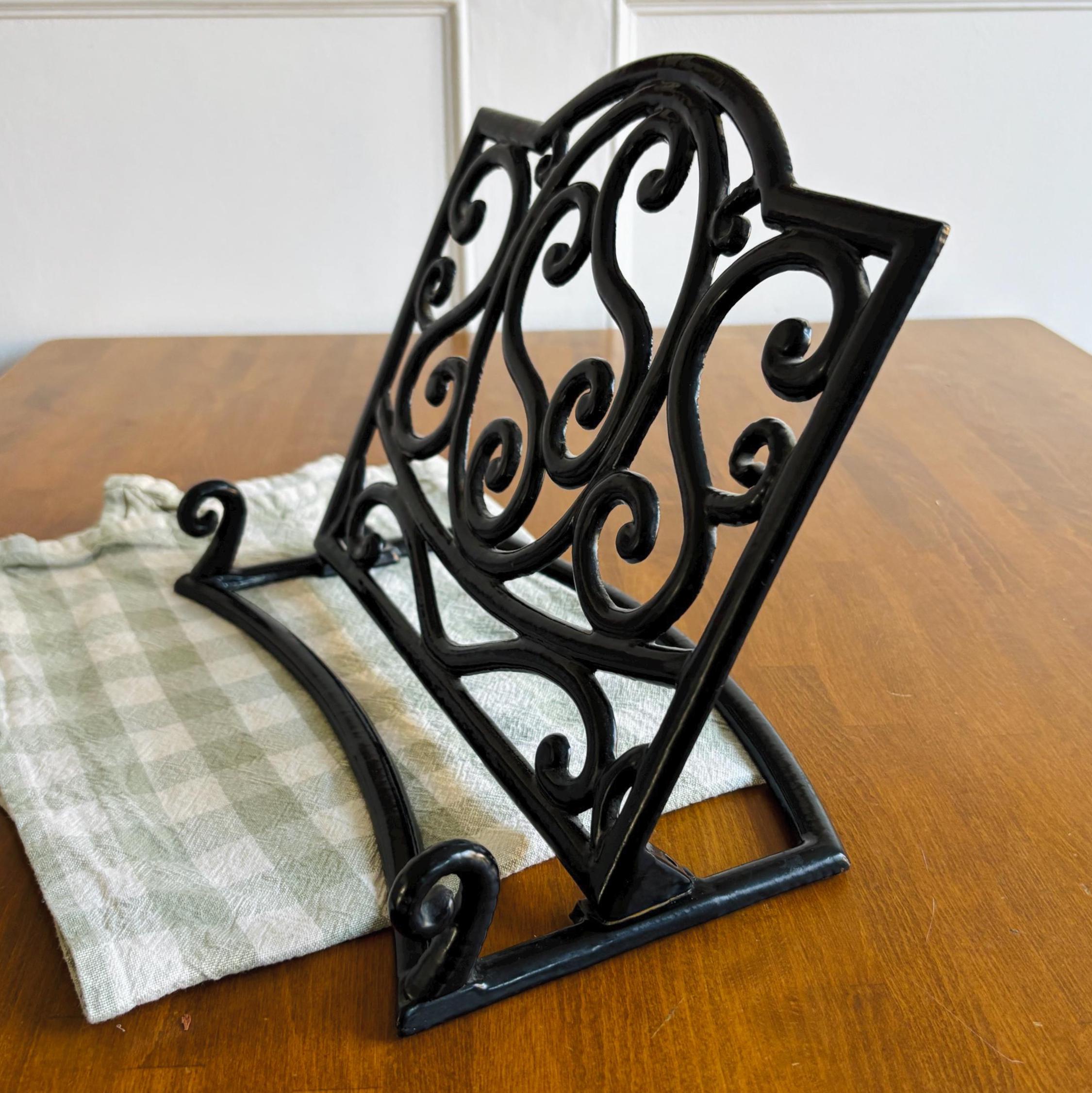 Vintage Wrought Iron Cookbook Stand Black Scrollwork Recipe Holder Kitchen Display Easel Decor