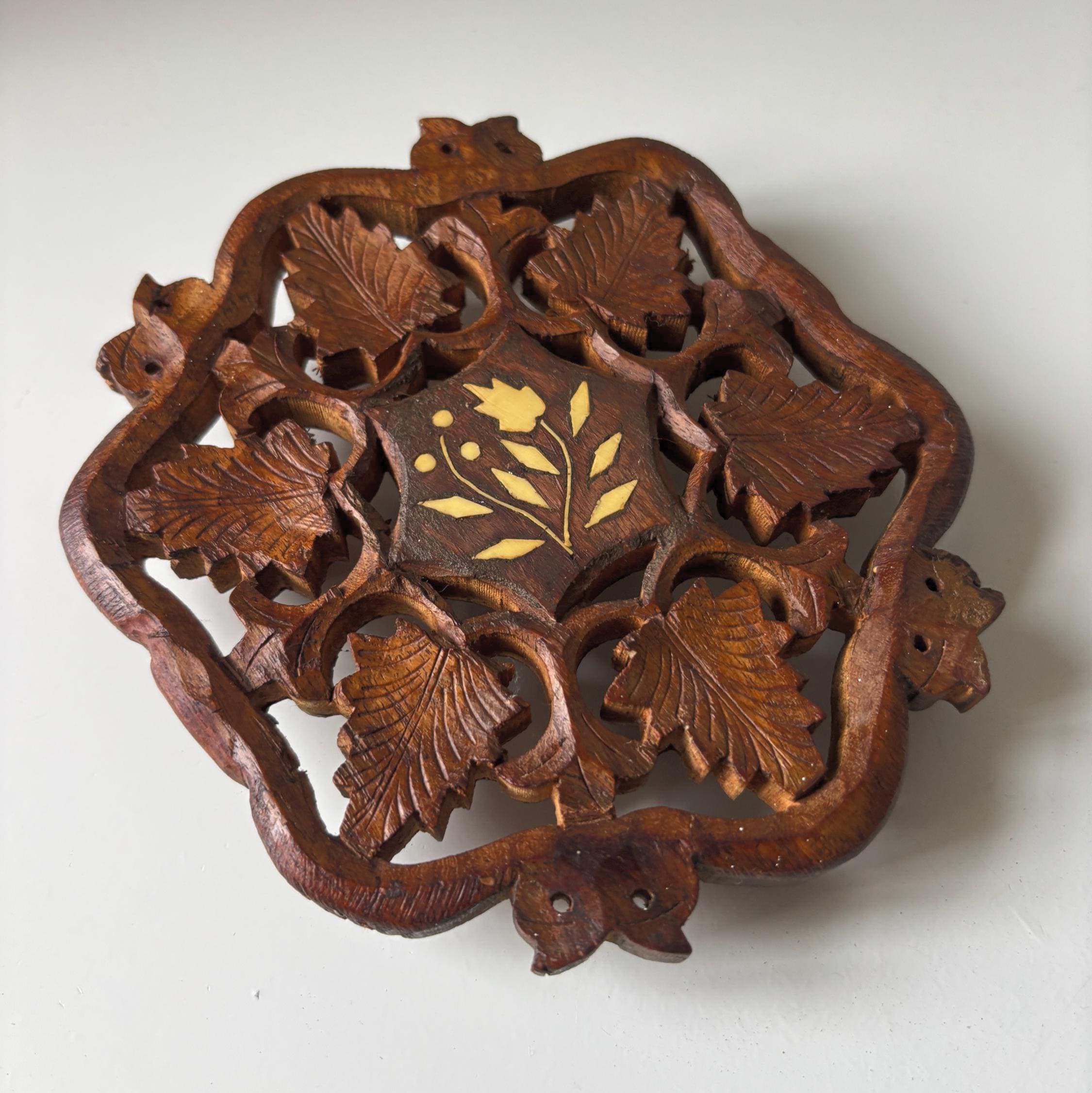 Vintage Hand Carved Wooden Trivet With Bone Inlay Grapevine Leaf Pot Stand Decor