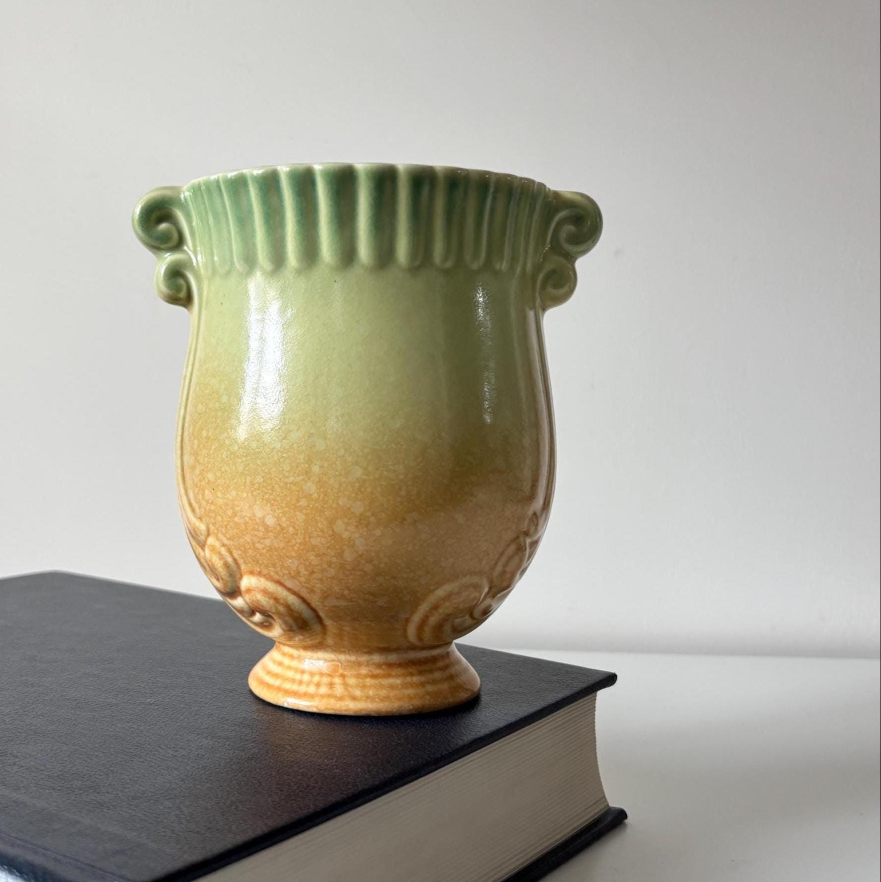 Vintage Crown Devon Art Deco Urn Vase Green Ochre Drip Glaze English Pottery