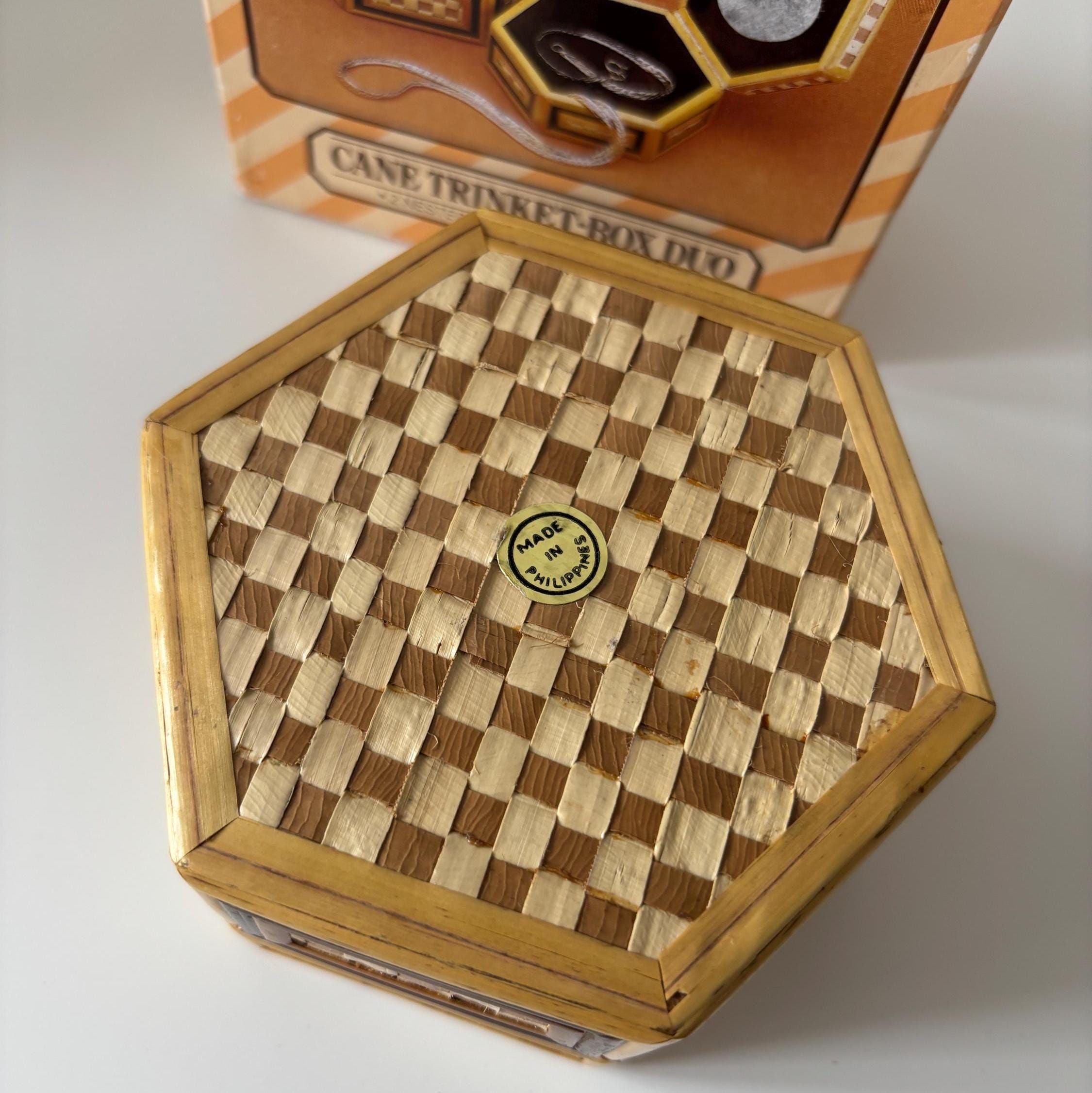 Vintage Cane Trinket Box Duo With Original Box And Velvet Lining