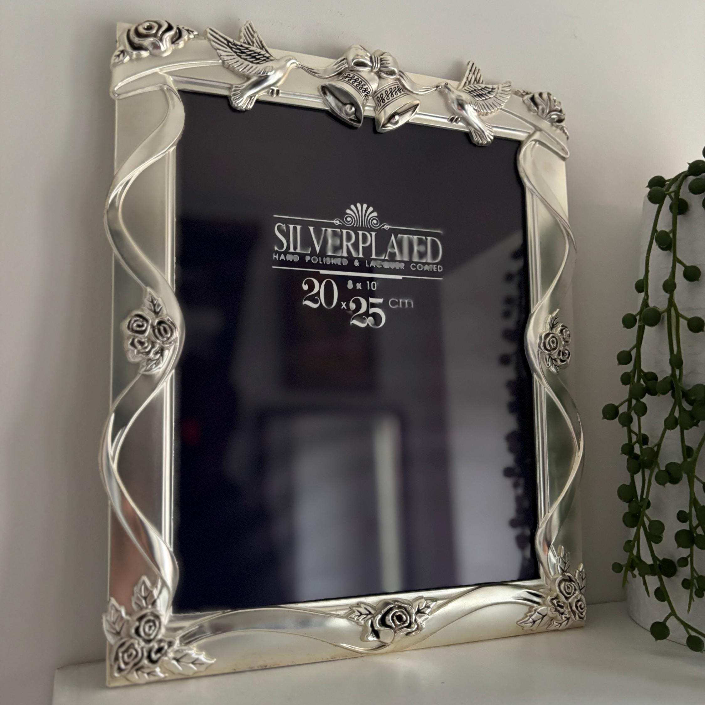 Silver-Plated Wedding Photo Frame 8×10" | Doves, Bells & Roses | Lacquered Anti-Tarnish