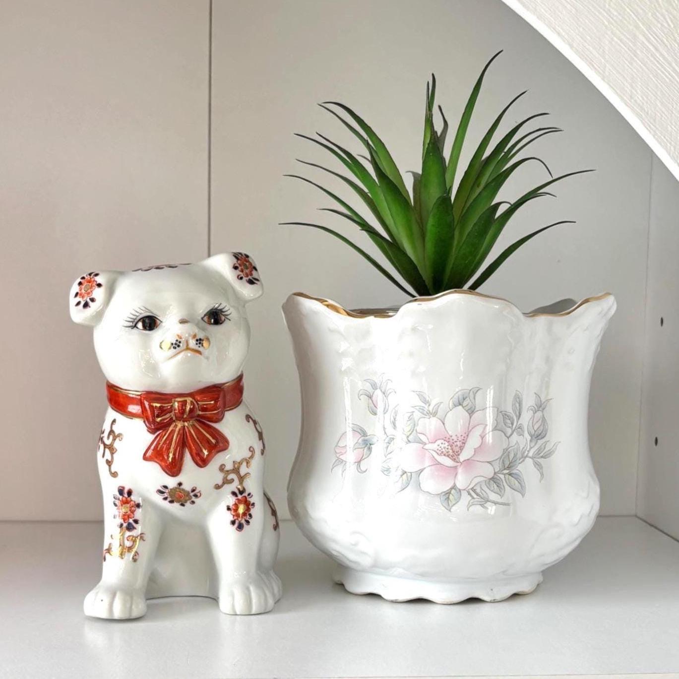 Imari Style Ceramic Dog Ornament | Vintage White Dog Figurine with Red Collar & Gilt Detail