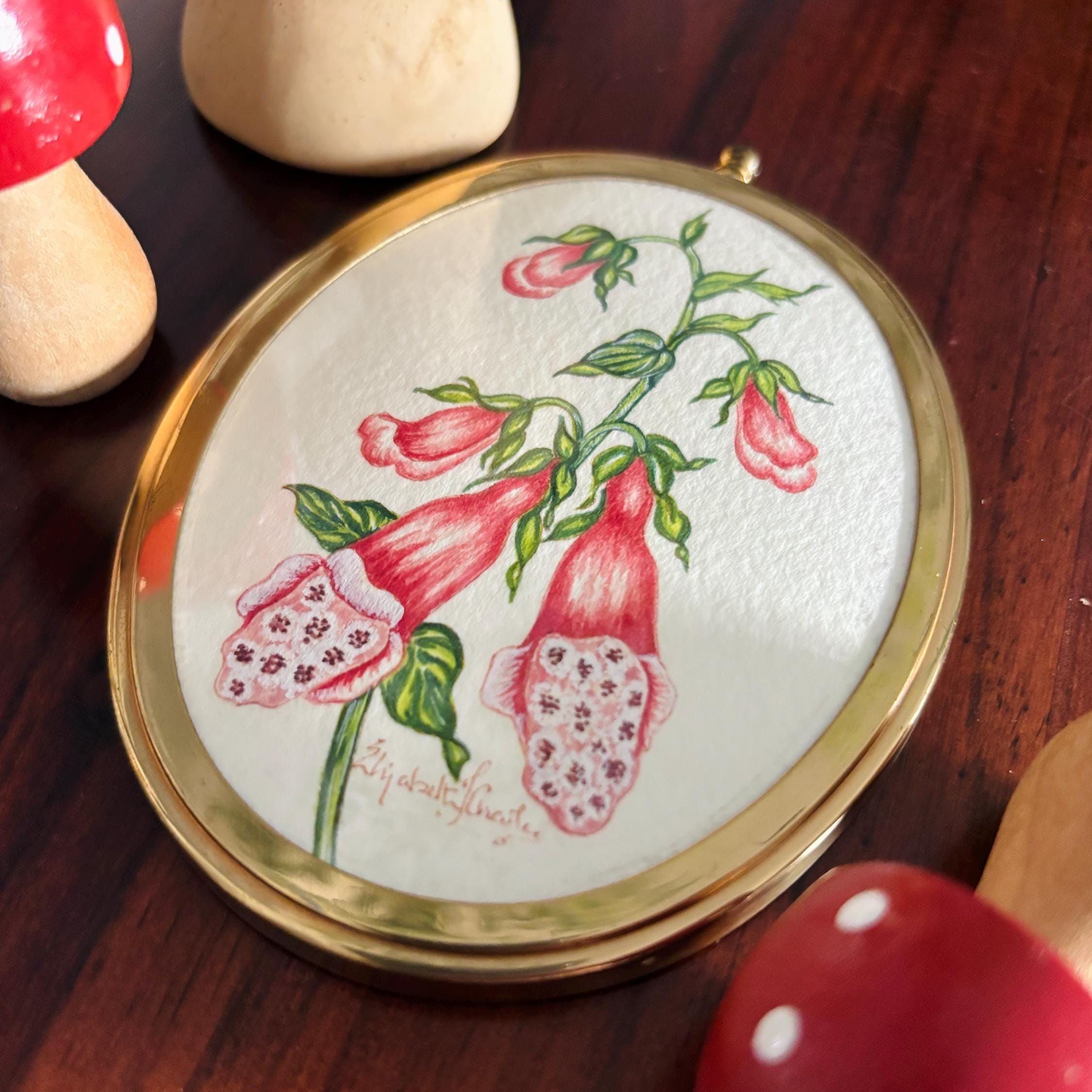Miniature Foxglove Botanical Watercolour | Signed | Brass Tone Oval Frame