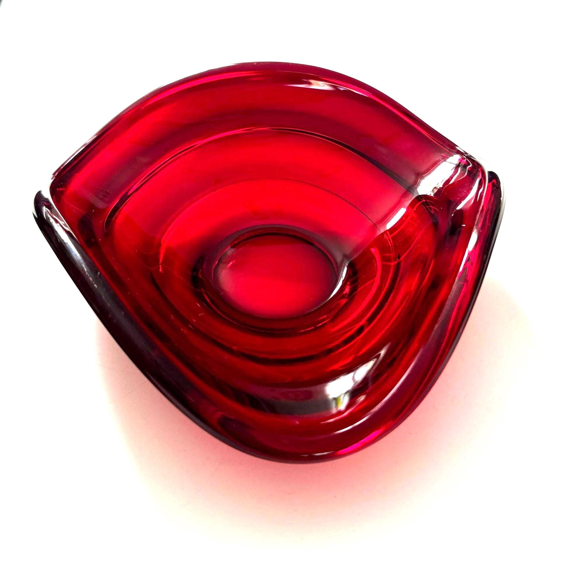Vintage Ruby Red Art Glass Bowl Freeform Mid Century Scandinavian Style Dish