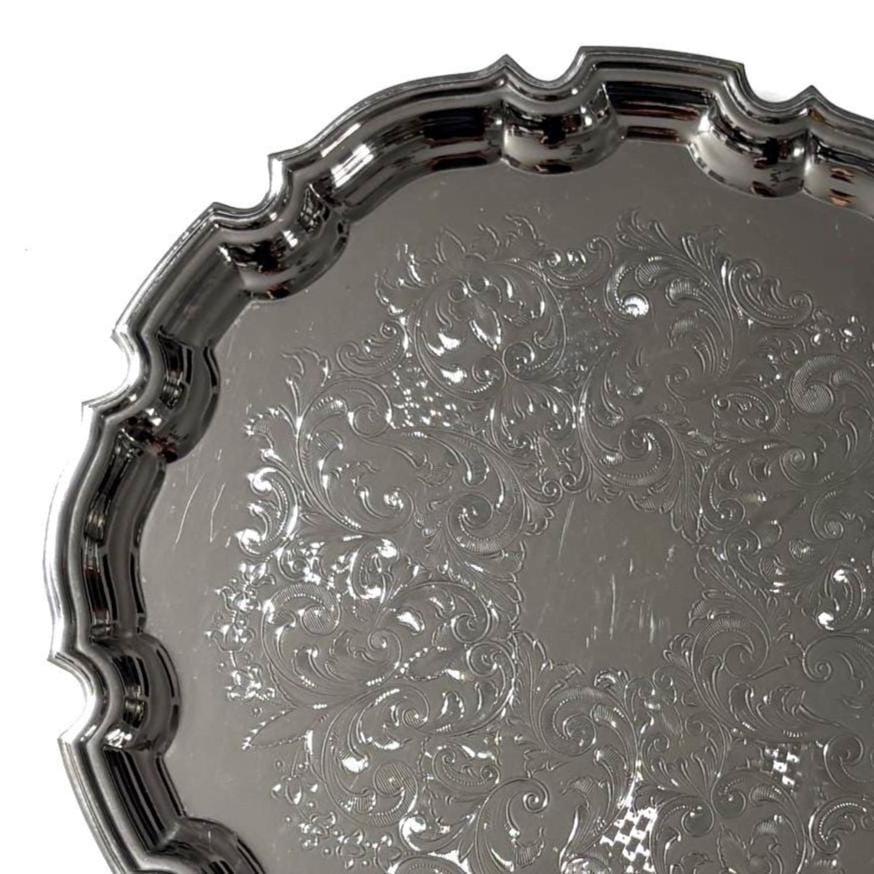 Vintage English Silver Plated Gallery Tray Ornate Scalloped Serving Tray Made in England Round