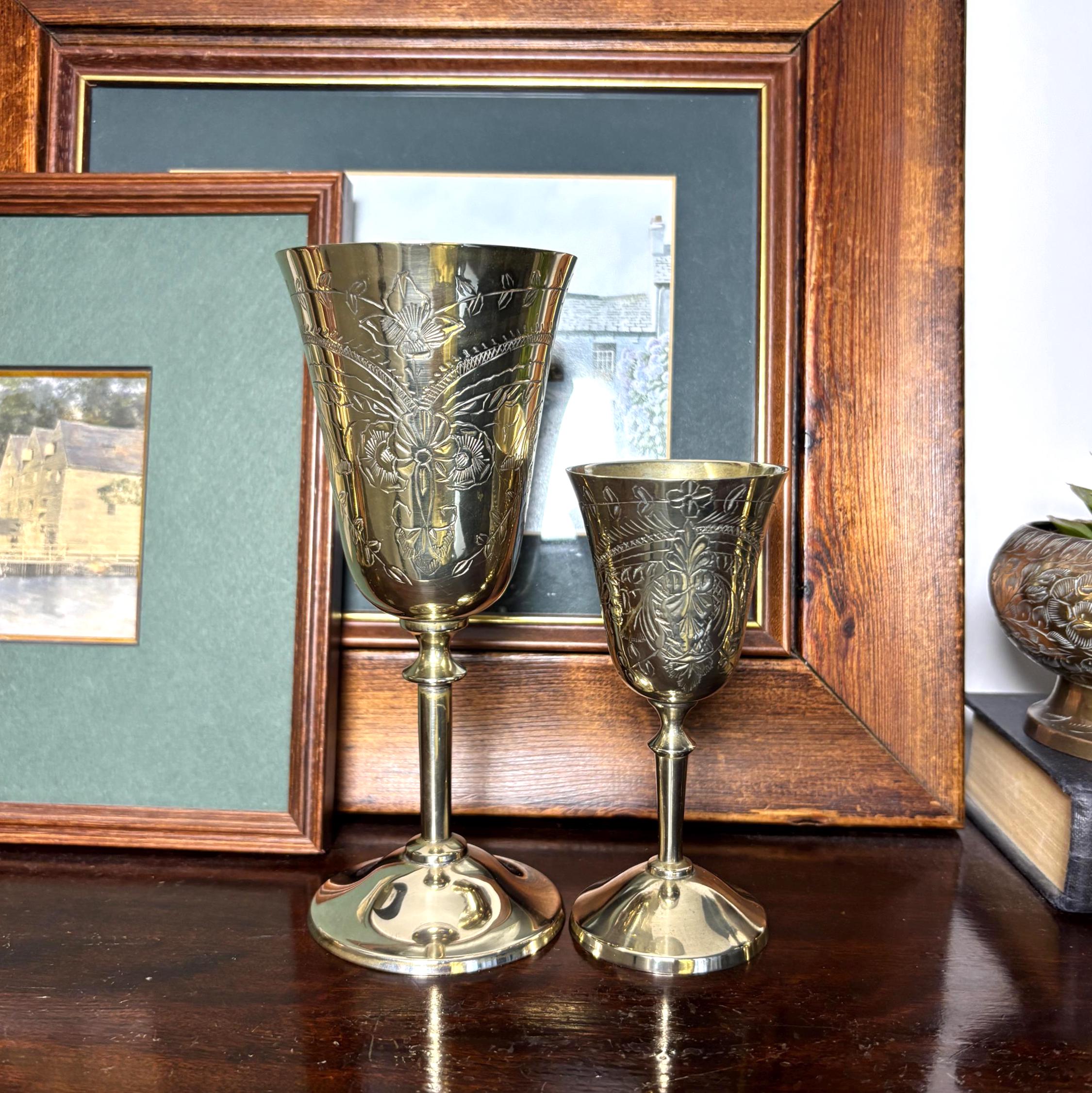 Vintage EPNS Engraved Goblet Pair Silver Plated Chalice Set Decorative Barware Cups