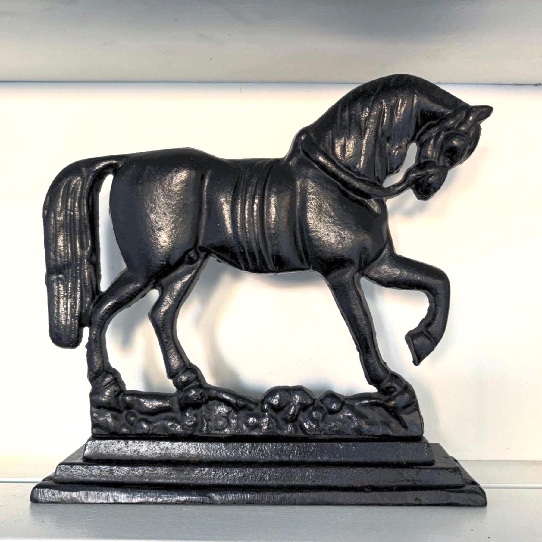 Vintage Cast Iron Prancing Horse Doorstop Black Equestrian Farmhouse Country Decor Heavy