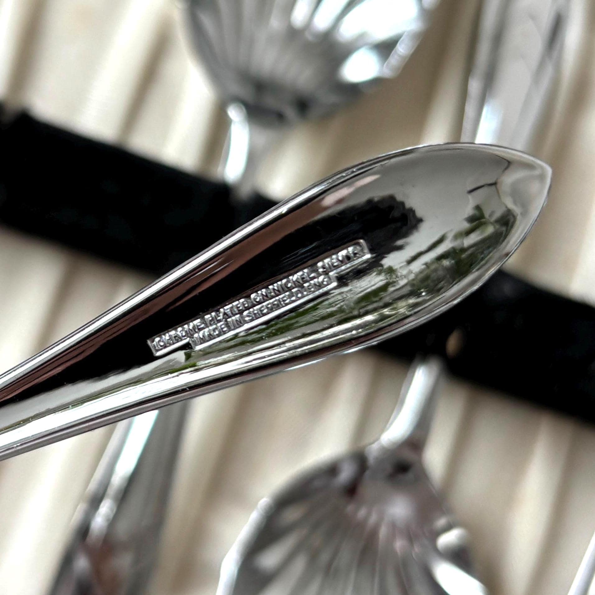 Vintage Sheffield Chrome Plated Nickel Silver Shell Spoon Set Boxed Art Deco Serving Spoons