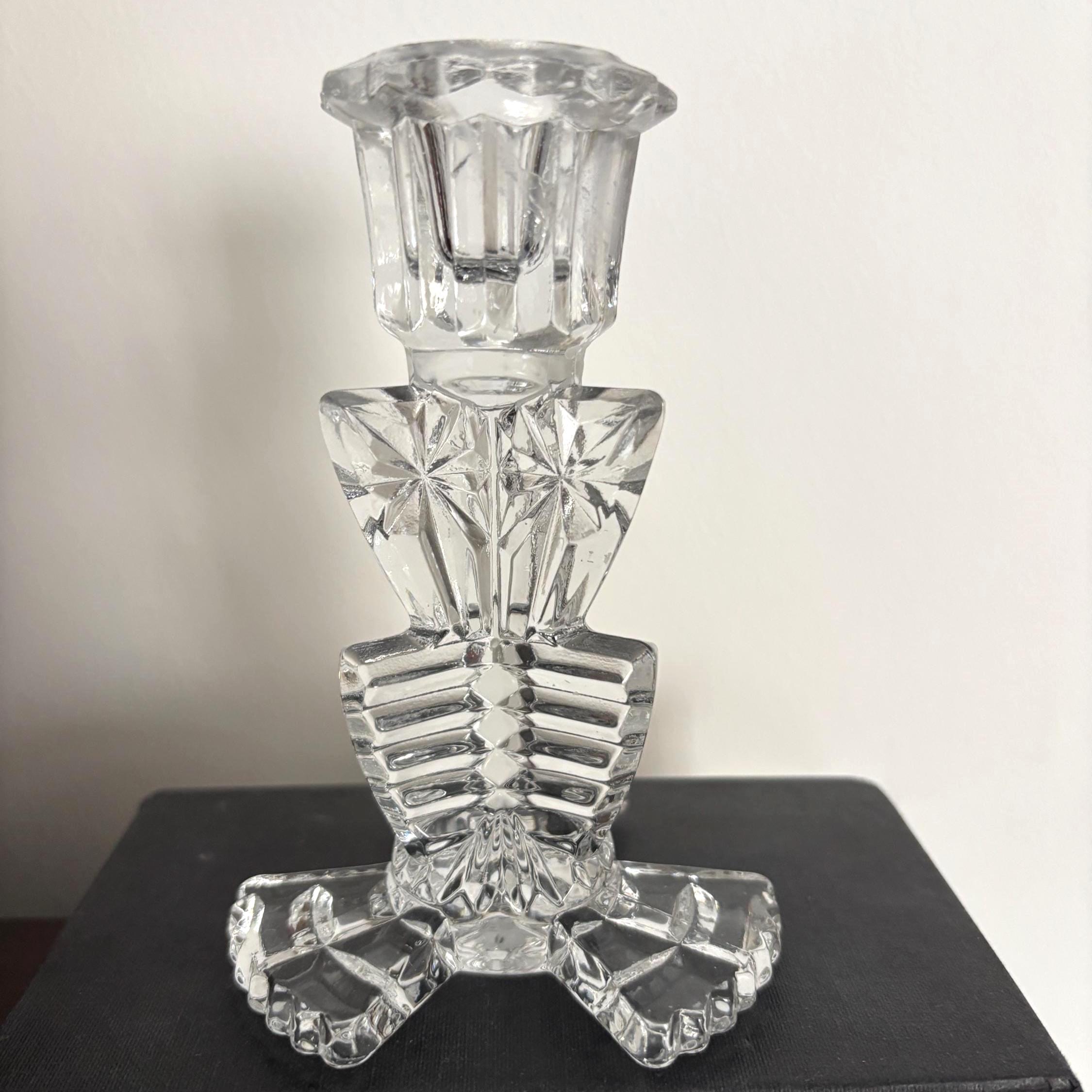 Vintage Art Deco Glass Candlestick: Bagley Duchess Design, 1930s Clear Glass