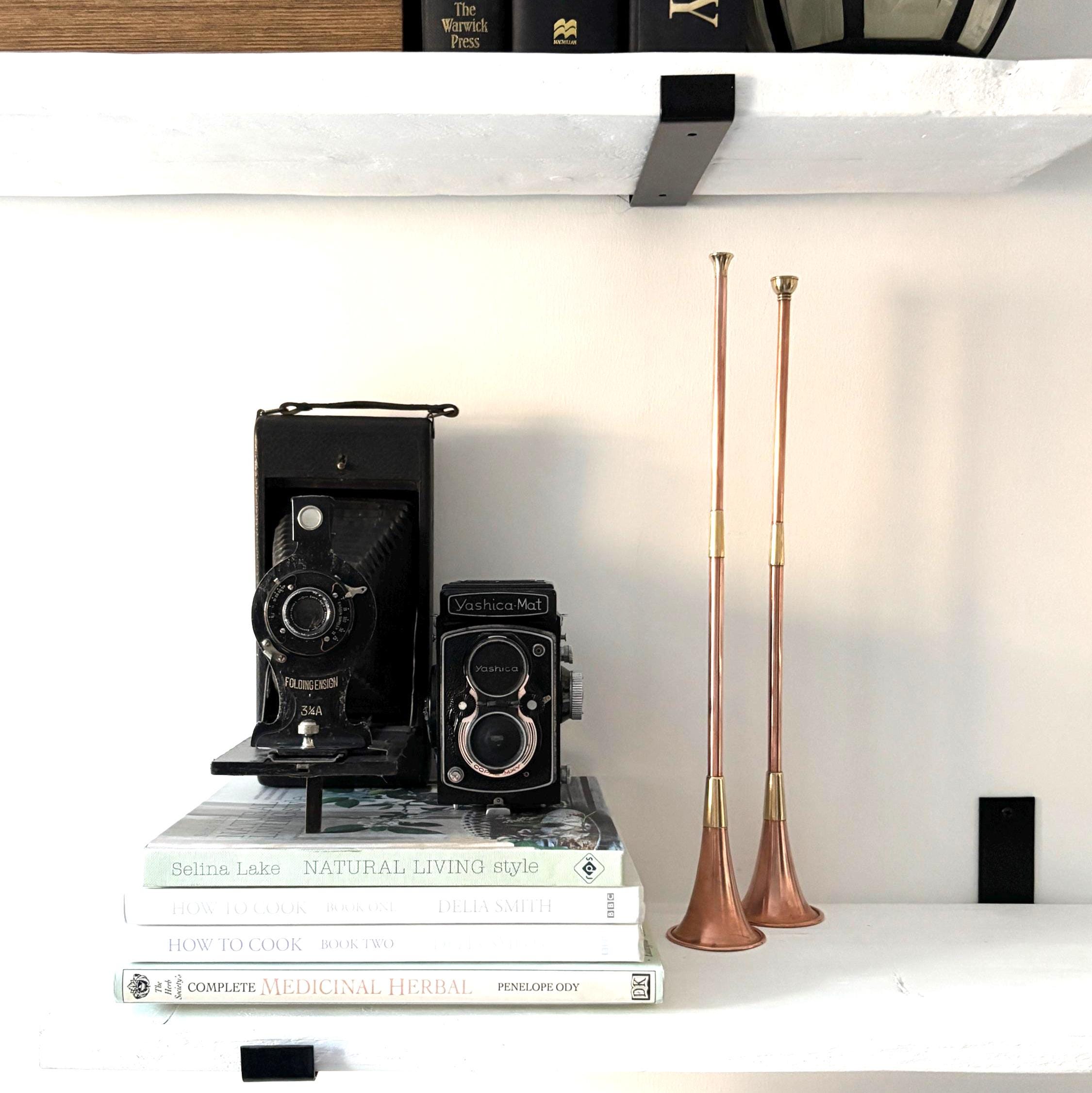 Vintage Copper & Brass Hunting Horn Wall Décor Pair 43cm Scandinavian Style