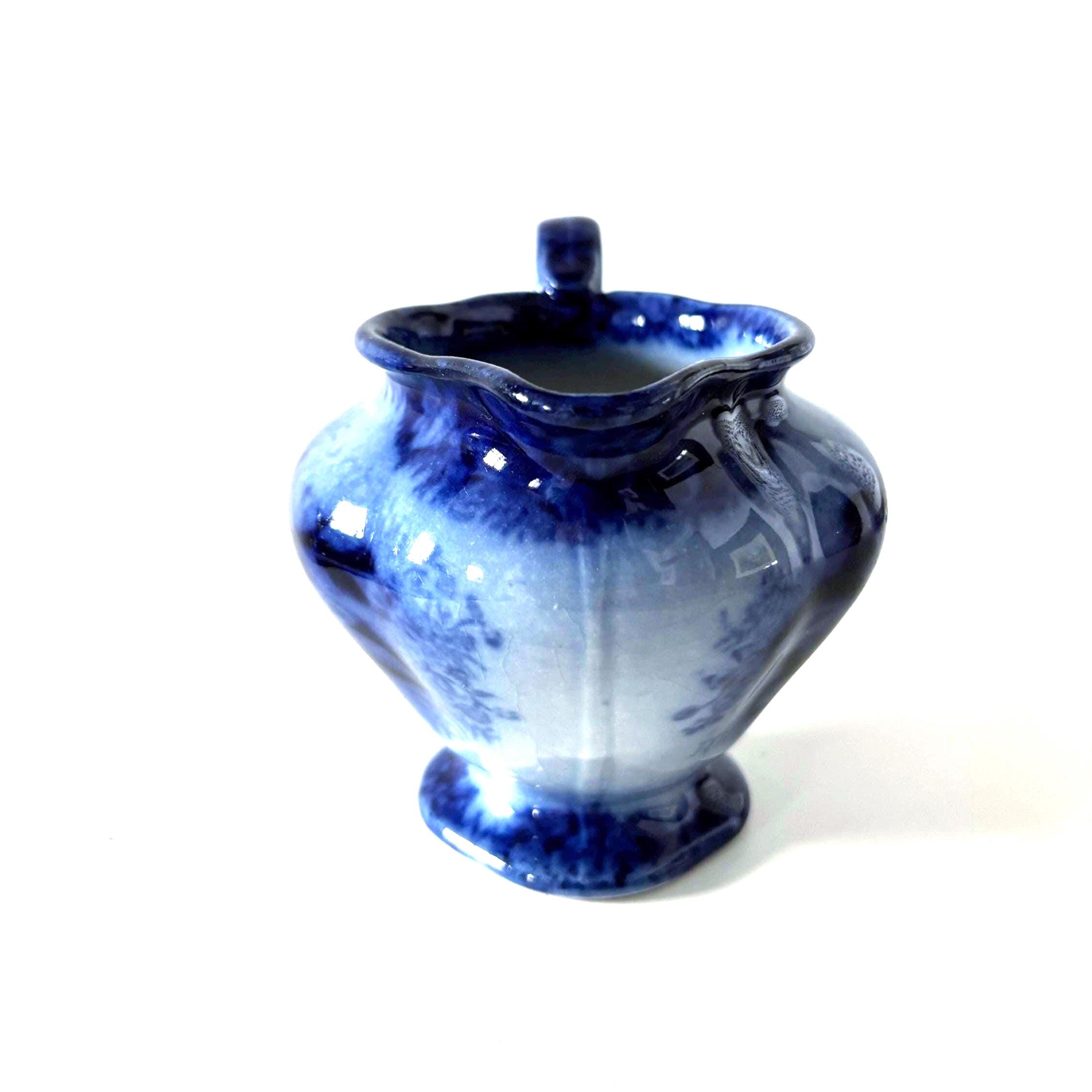 Vintage Blue and White Pottery Creamer Jug, Flow Blue Style Pedestal Milk Pitcher Floral