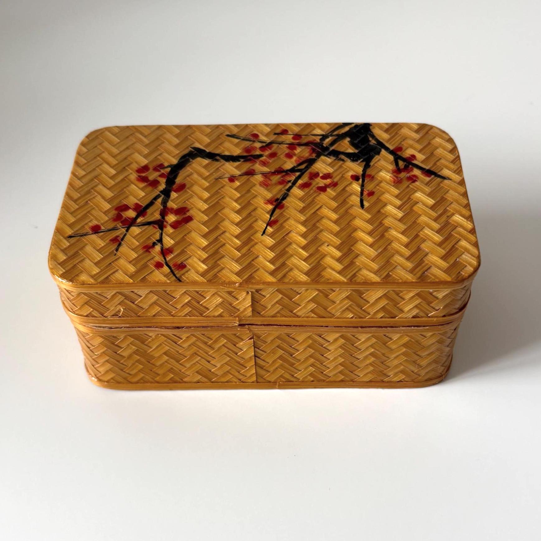 Vintage Chinese Bamboo Jewellery Box Red Velvet Interior Trinket Box With Mirror
