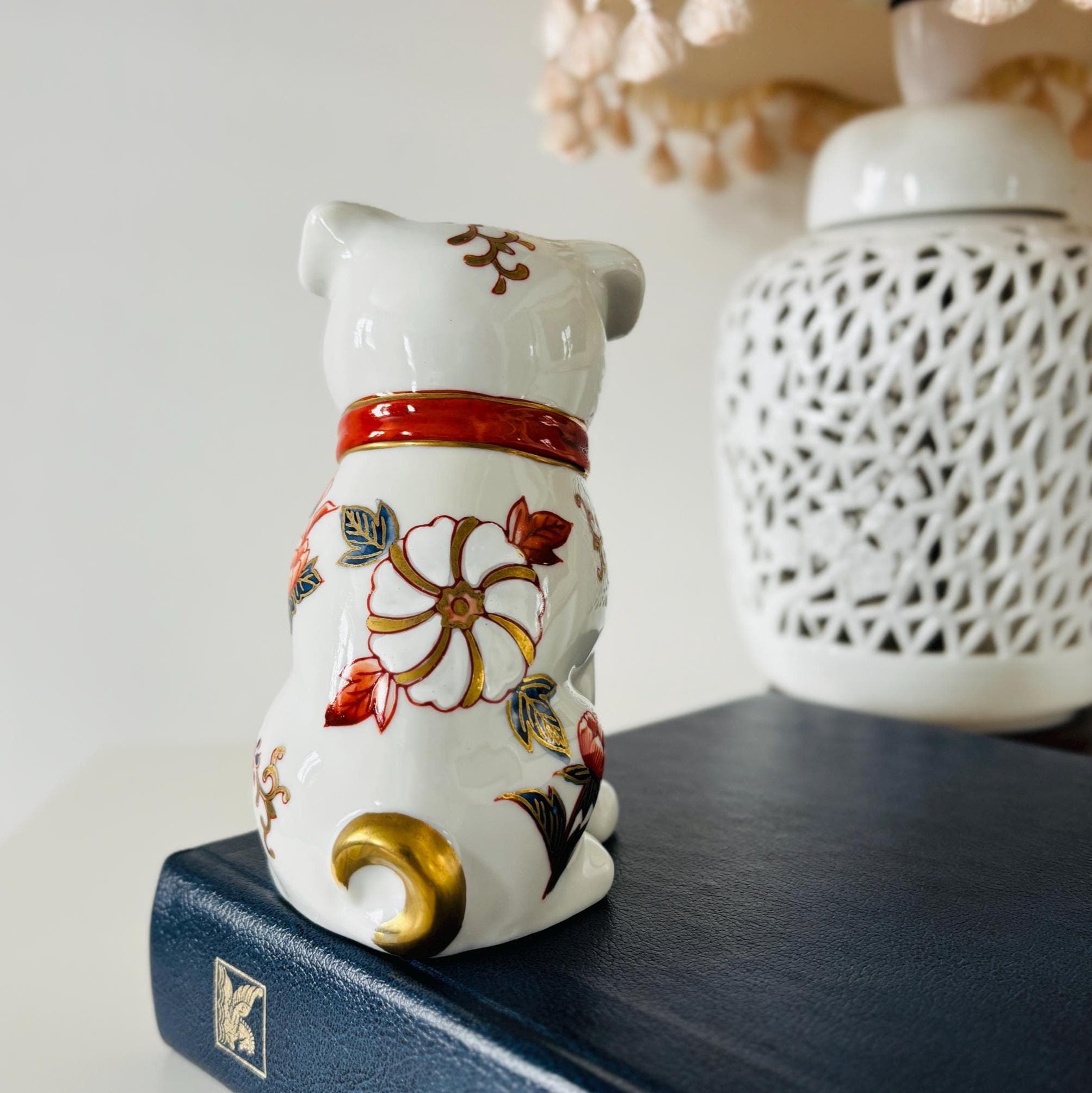 Imari Style Ceramic Dog Ornament | Vintage White Dog Figurine with Red Collar & Gilt Detail