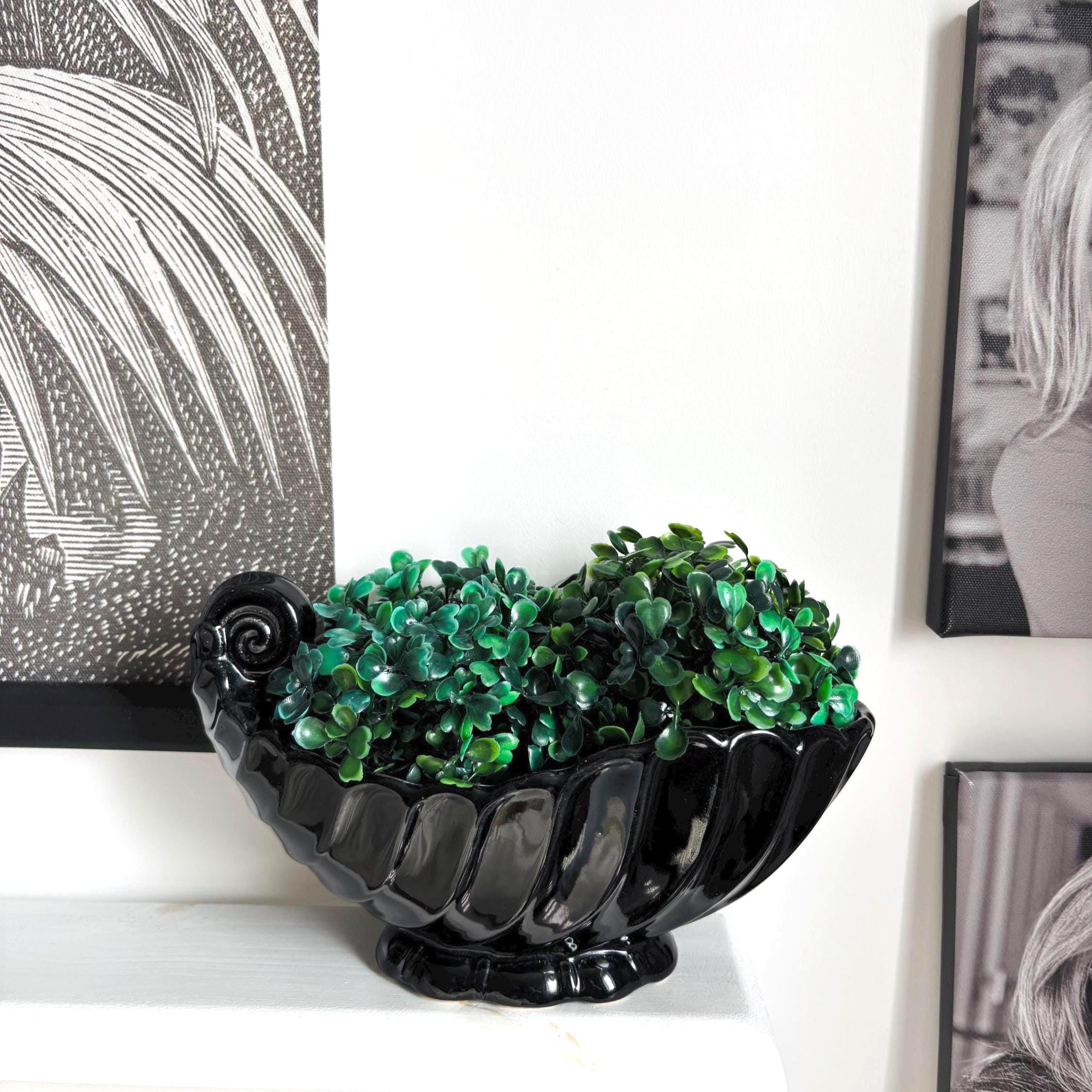 Vintage Black Ceramic Shell Vase: Mid-Century Modern Coastal Decor