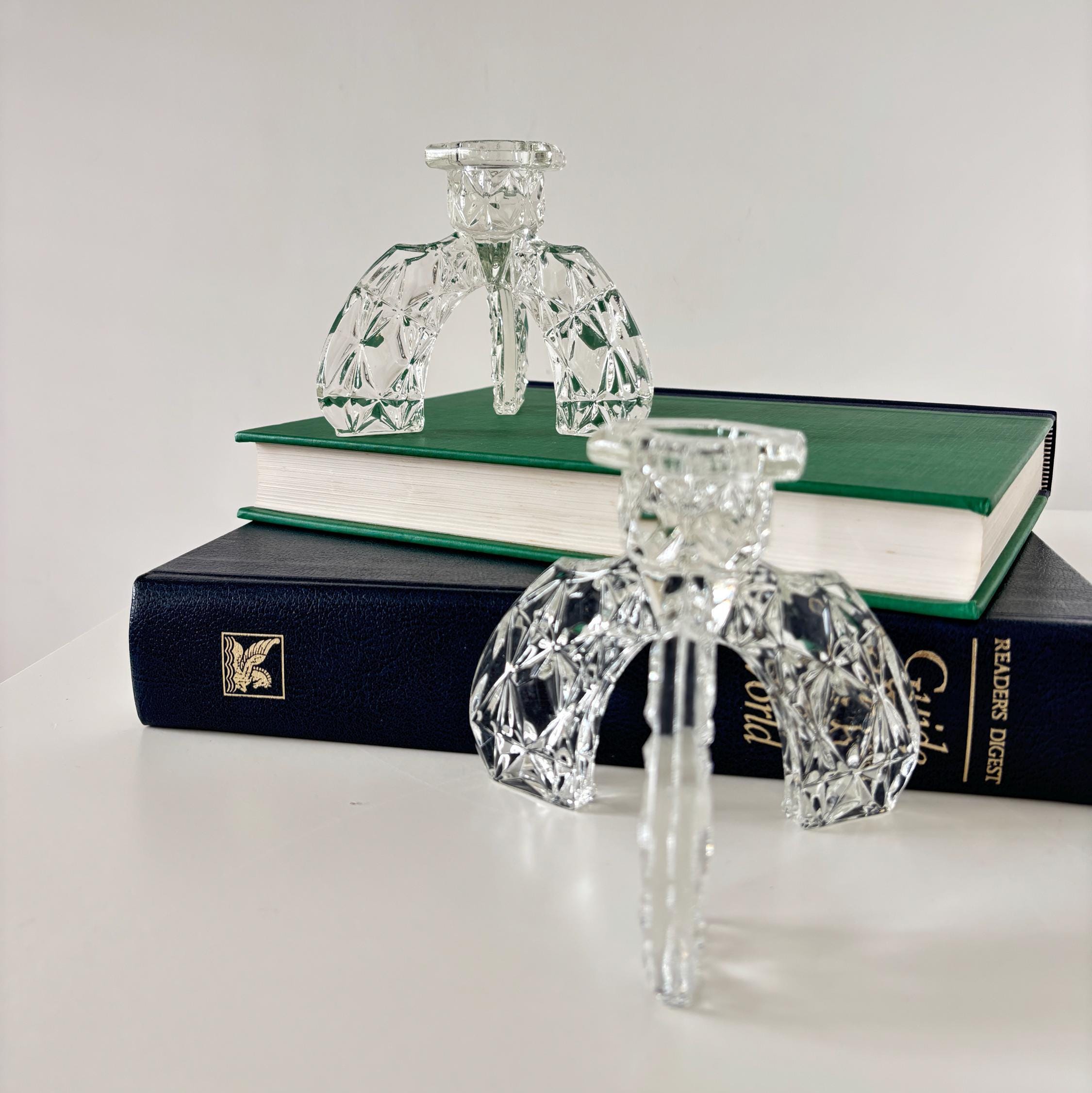 Vintage Glass Candlesticks Pair Art Deco Style Tripod Candle Holders Crystal Cut Design Decor