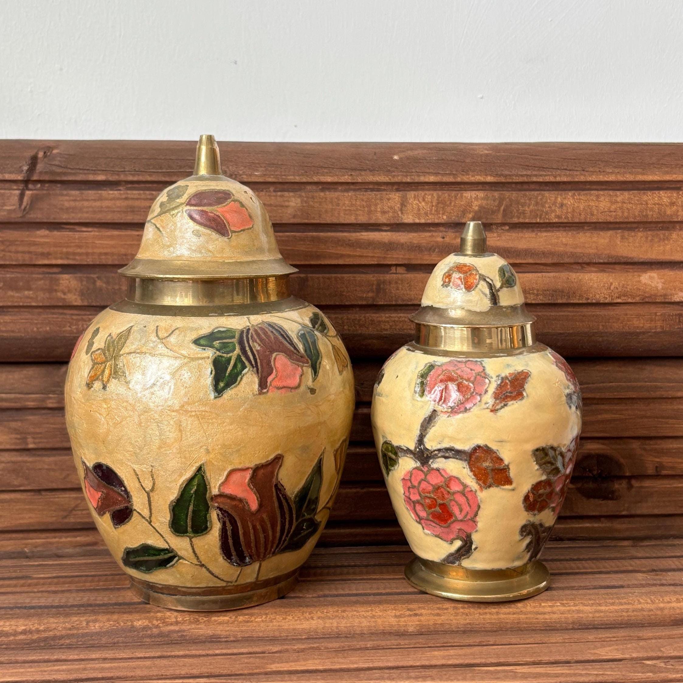 Vintage Brass Cloisonné Ginger Jar: Hand-Painted Floral Enamel