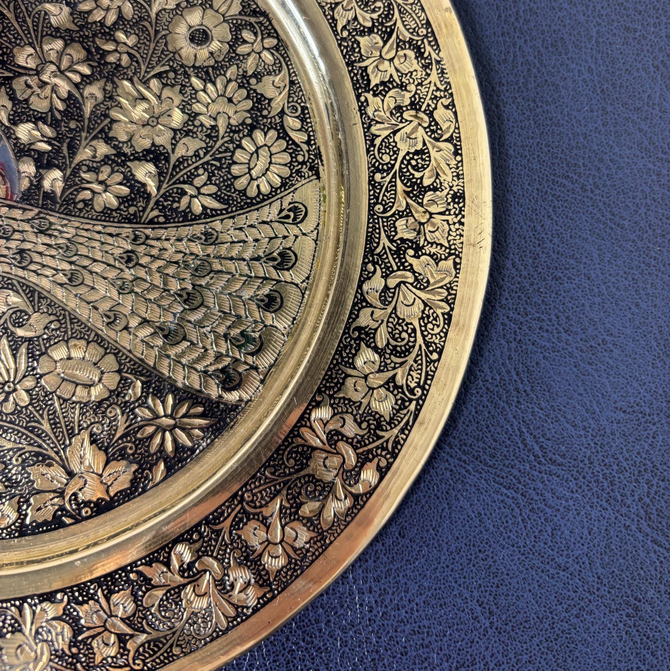 Vintage Brass Peacock Plate Etched Floral Indian Wall Hanging Decor