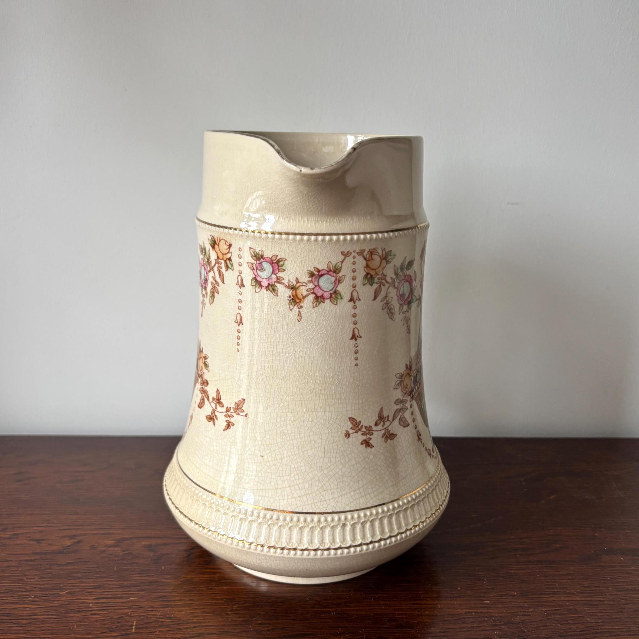 Antique Crown Devon “Etna” Jug Pitcher, Floral Basket, Crackle Glaze, England