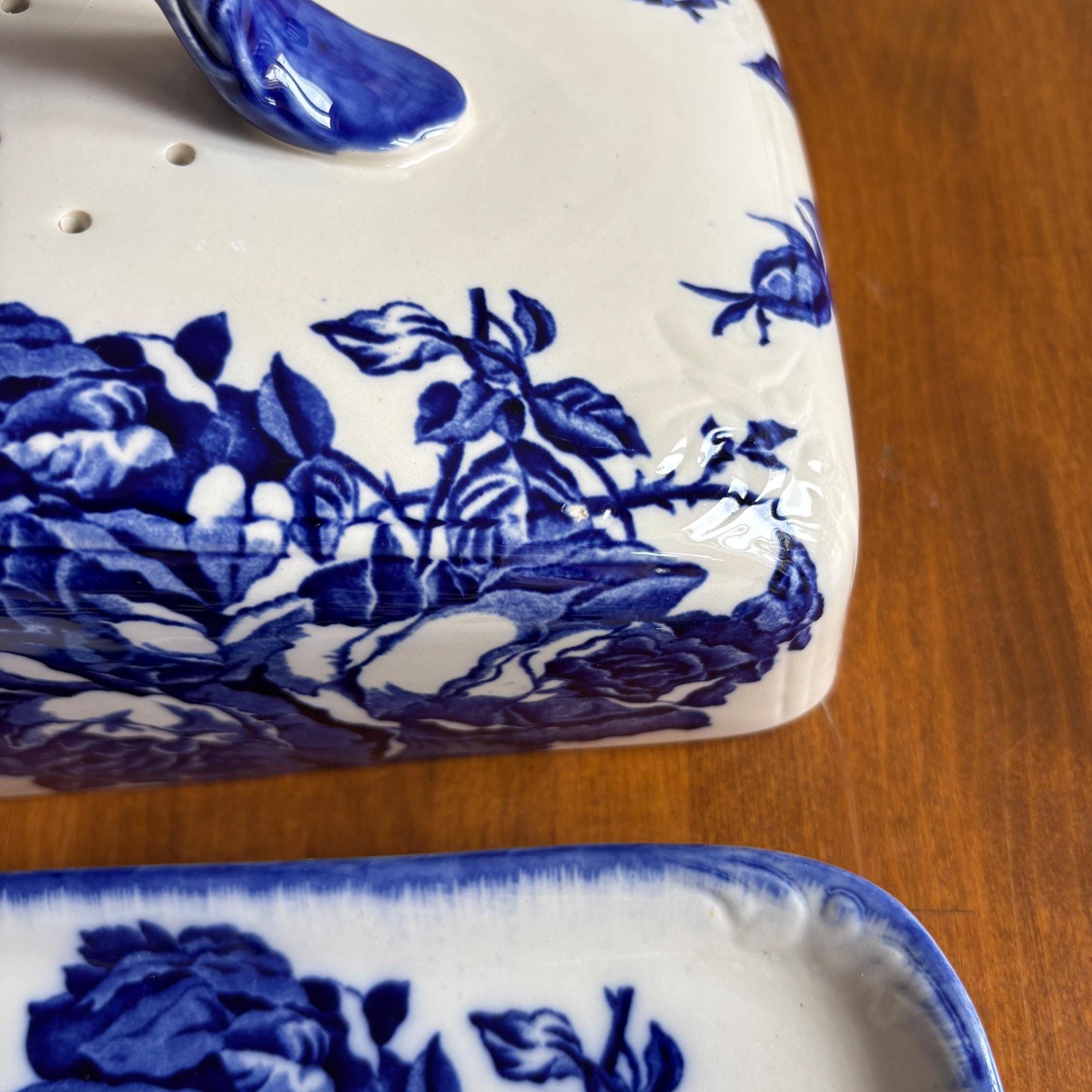Vintage Blakeney Blue Transfer-ware Cheese Keeper Ironstone Cheese Dish Staffordshire England