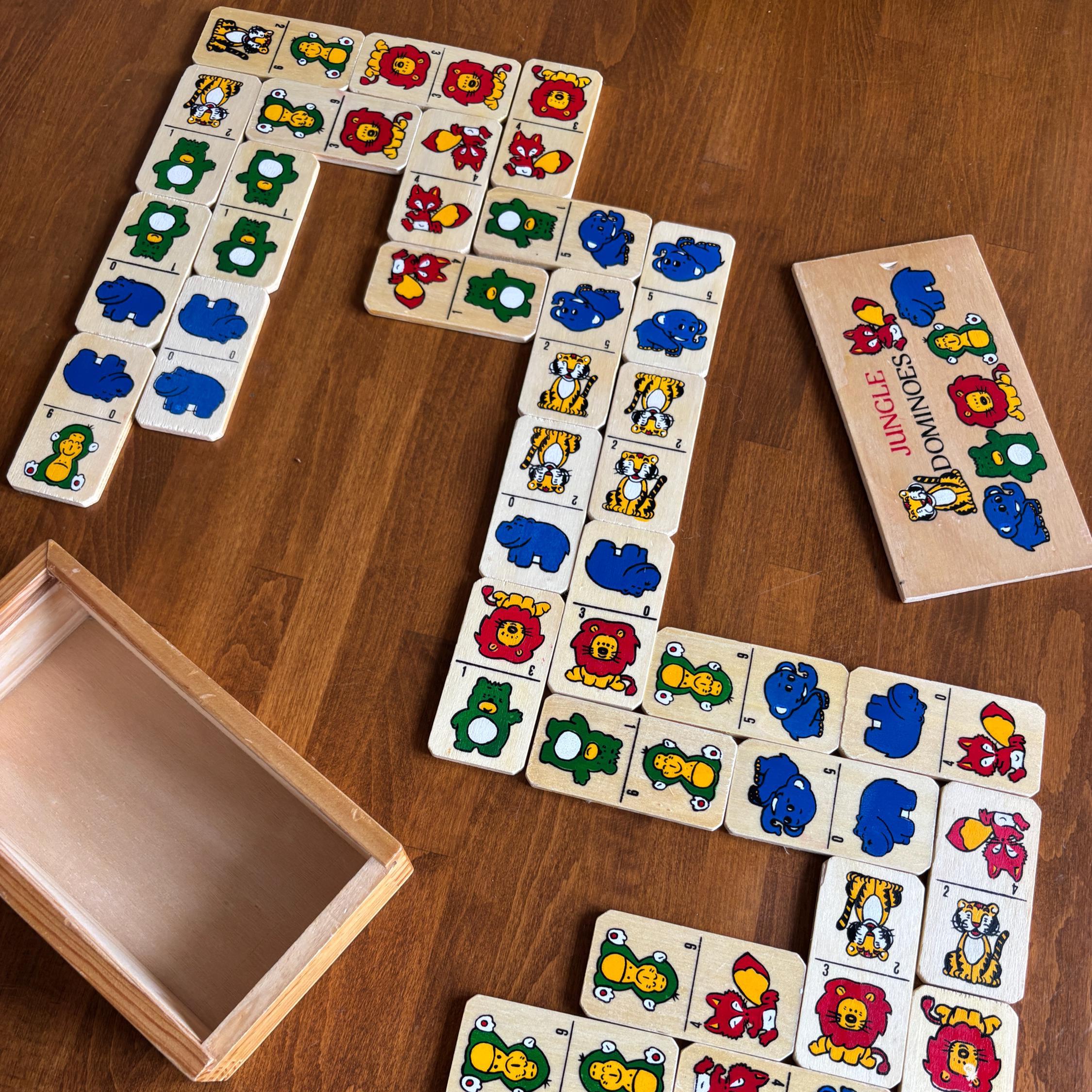 Vintage Wooden Jungle Dominoes Game | Animal Picture Dominoes in Sliding Box | Children’s Toy